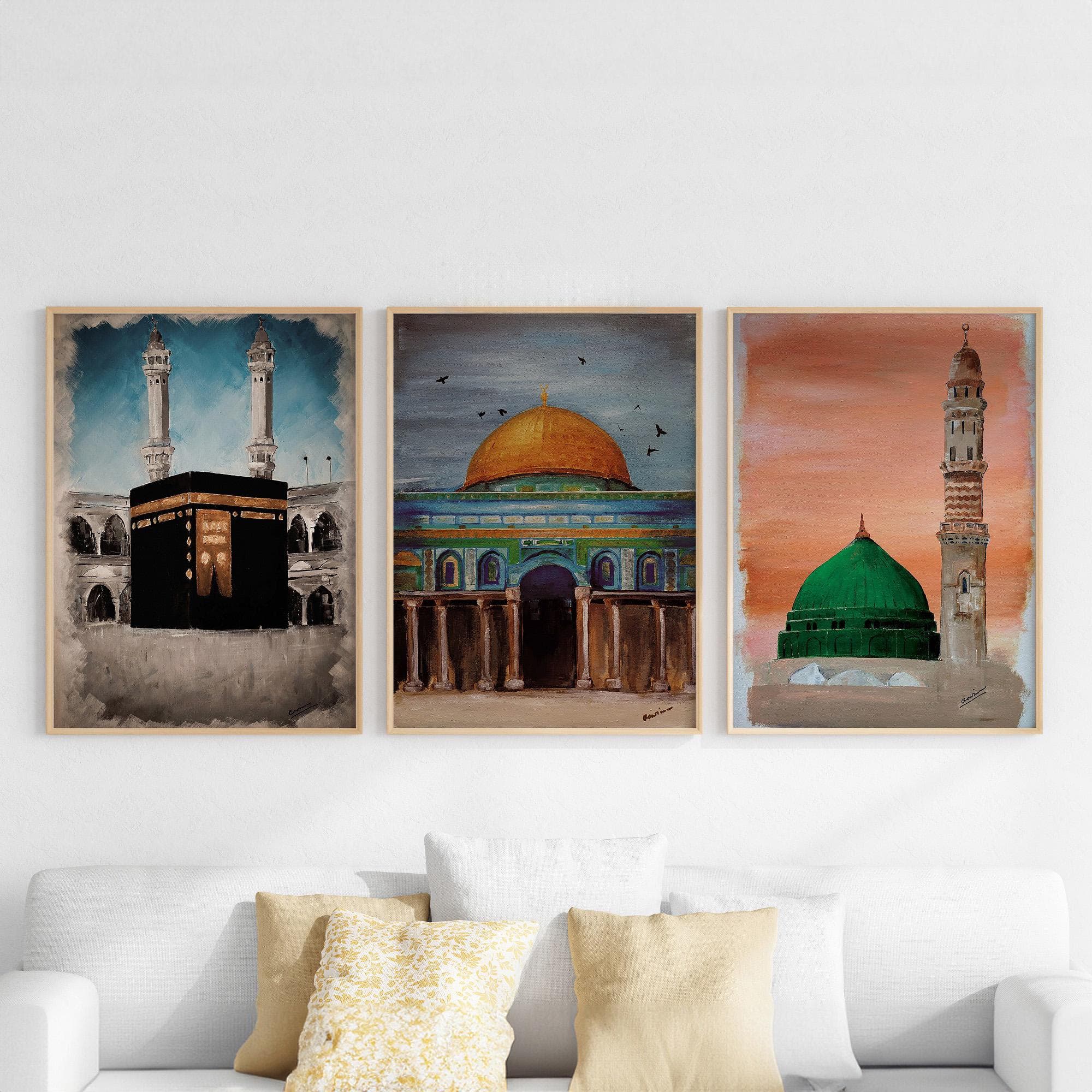 Set of 3 Islamic Landmarks Wall Art, Kaaba Mecca Dome of the Rock Masjid Nabawi, Printable Ramadan Decor Digital Download - image 4
