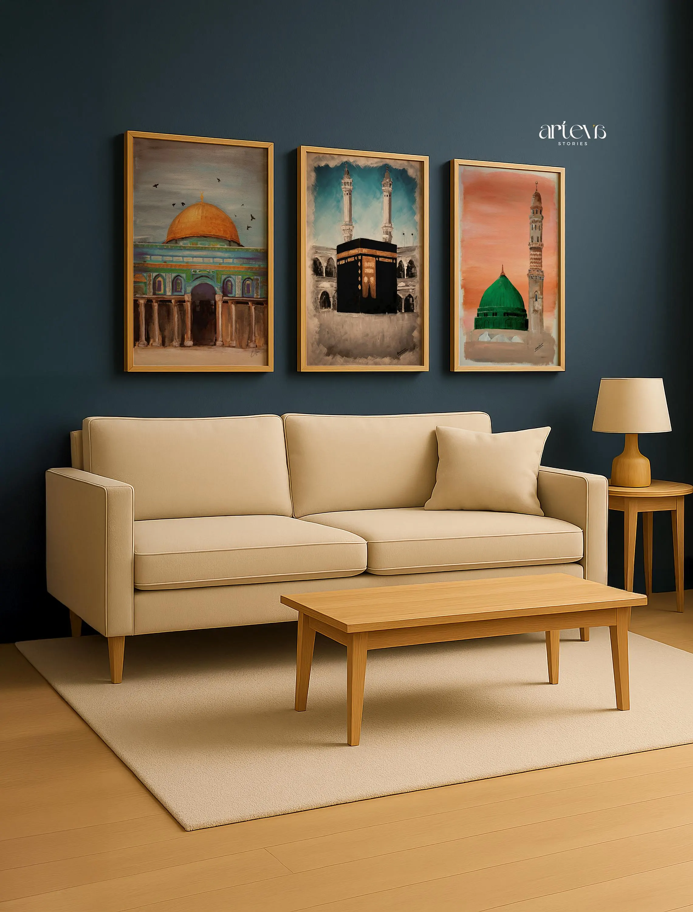 Set of 3 Islamic Landmarks Wall Art, Kaaba Mecca Dome of the Rock Masjid Nabawi, Printable Ramadan Decor Digital Download