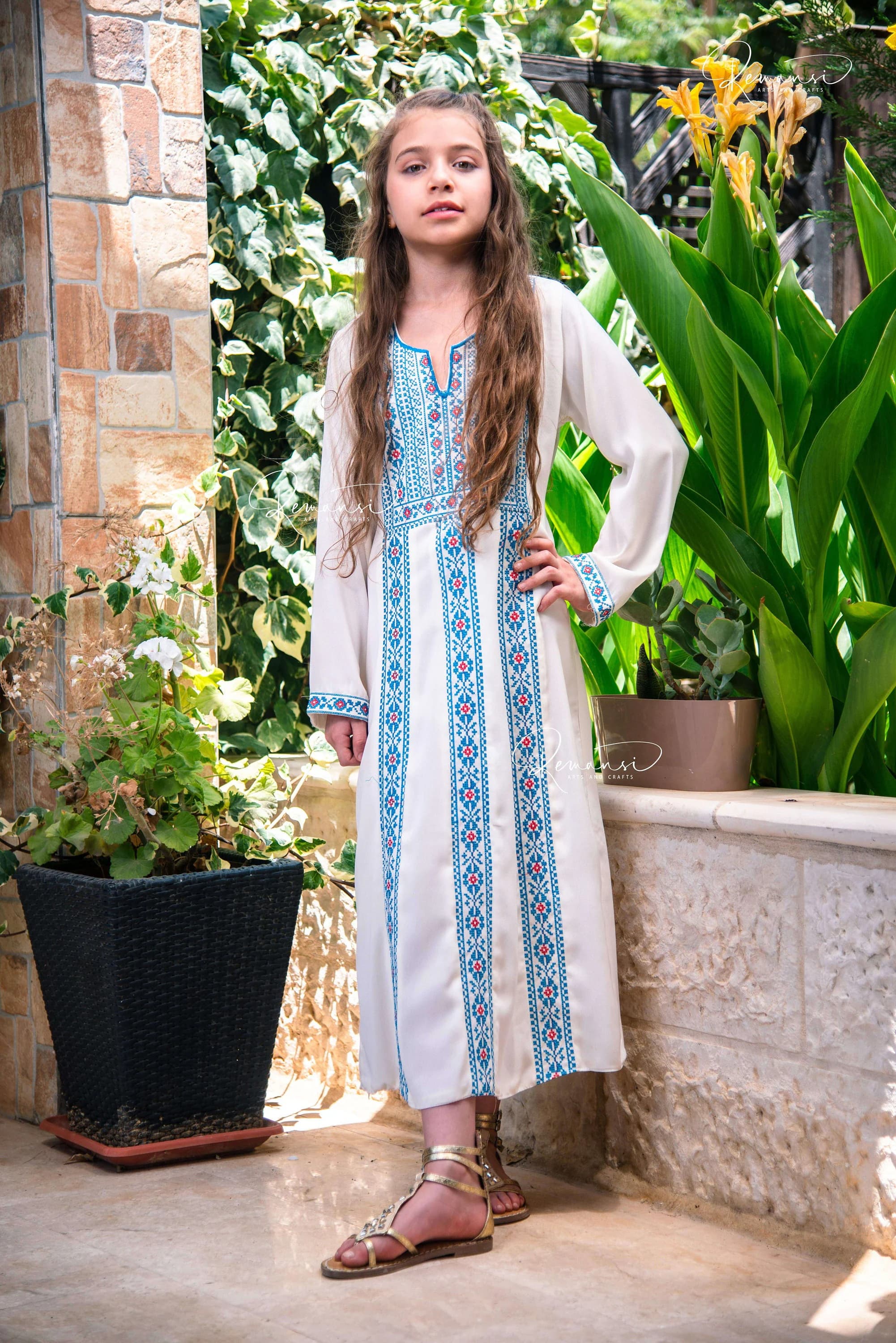 Girl's Palestinian Tatreez Thobe long Dress Blue and white Embroidered Thoub