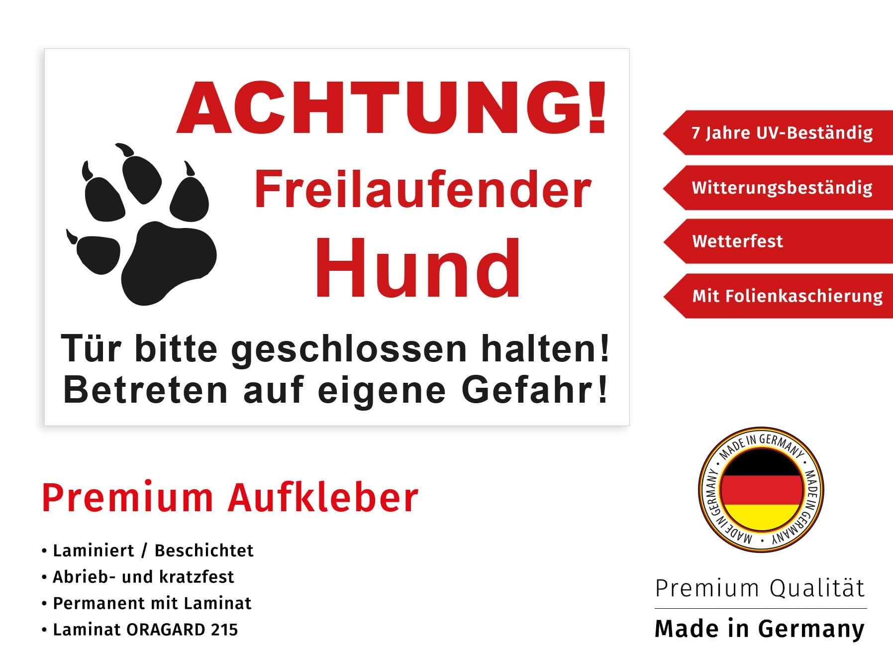 Aufkleber Sticker Achtung freilaufender Hund Betreten auf eigene Gefahr Schild Wetterfest UV-Beständig - image 3