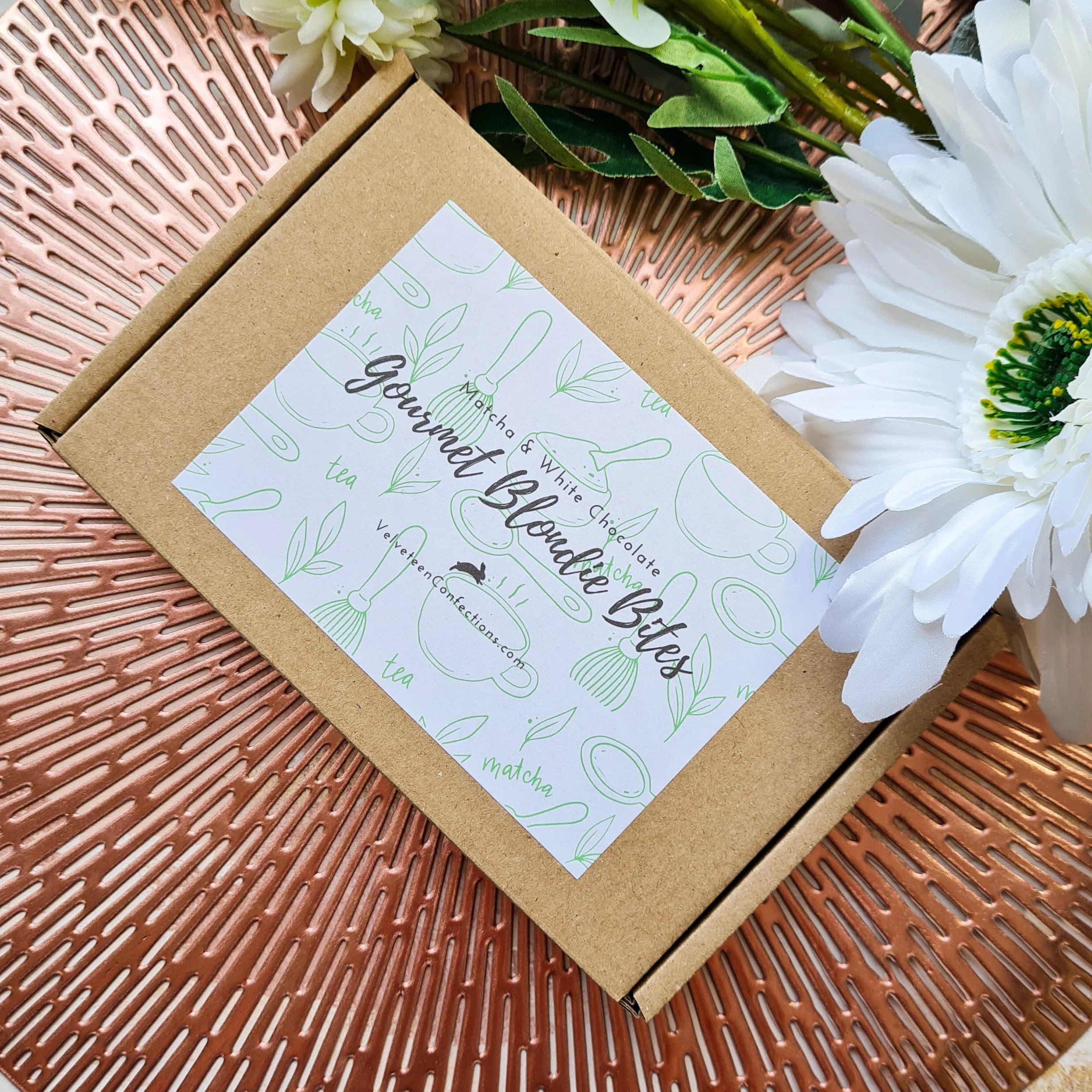 Matcha blondie bites, made with Culinary Grade Organic Japanese Matcha, in a gift box containing 18 bites