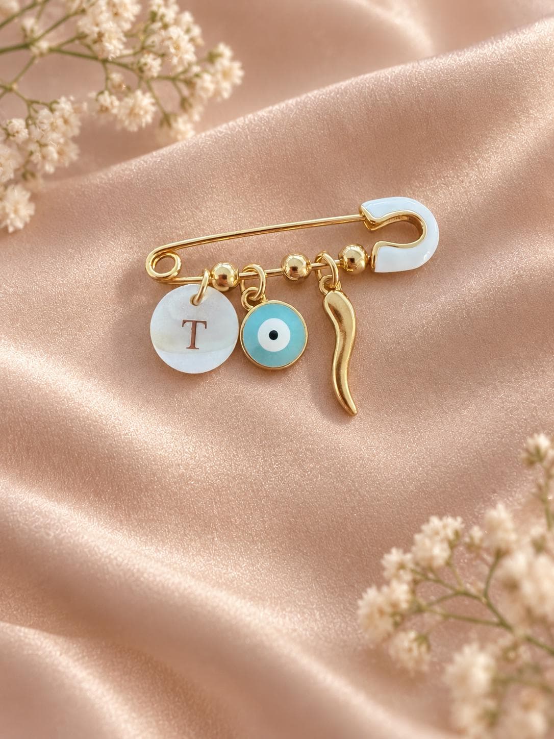 Personalized Gold Plated Baby Brooch, Initial, Evil Eye, Cornicello Charm Pin - image 3