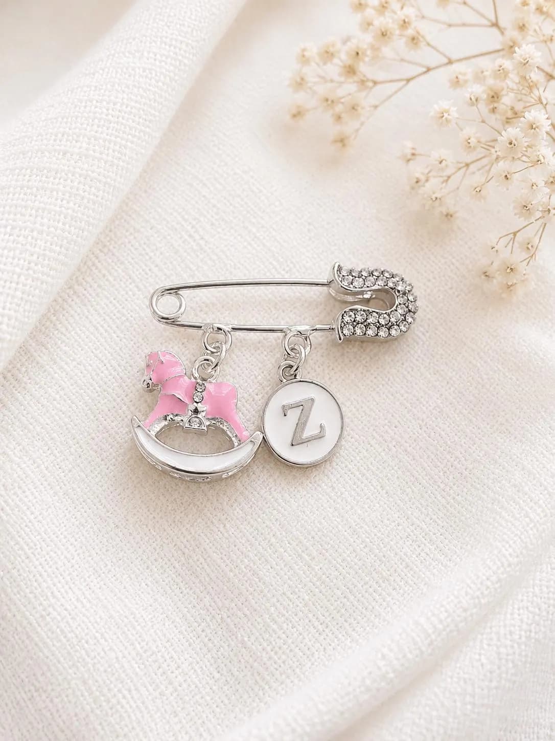 Personalized Baby Pin, Rocking Horse Charm, Custom Initial Brooch, Silver-Plated Keepsake - image 3