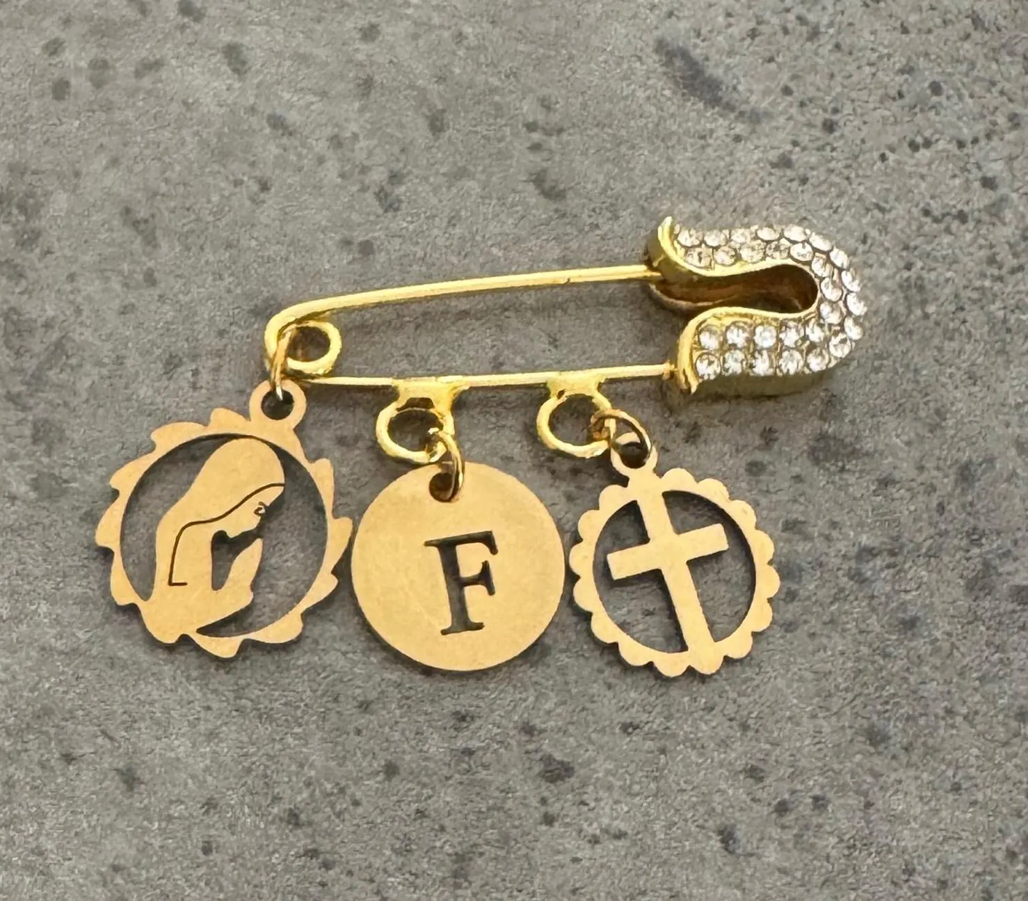 Personalized Gold Plated Baby Pin, Baptism Christening Keepsake, Virgin Mary Cross Charm - image 3