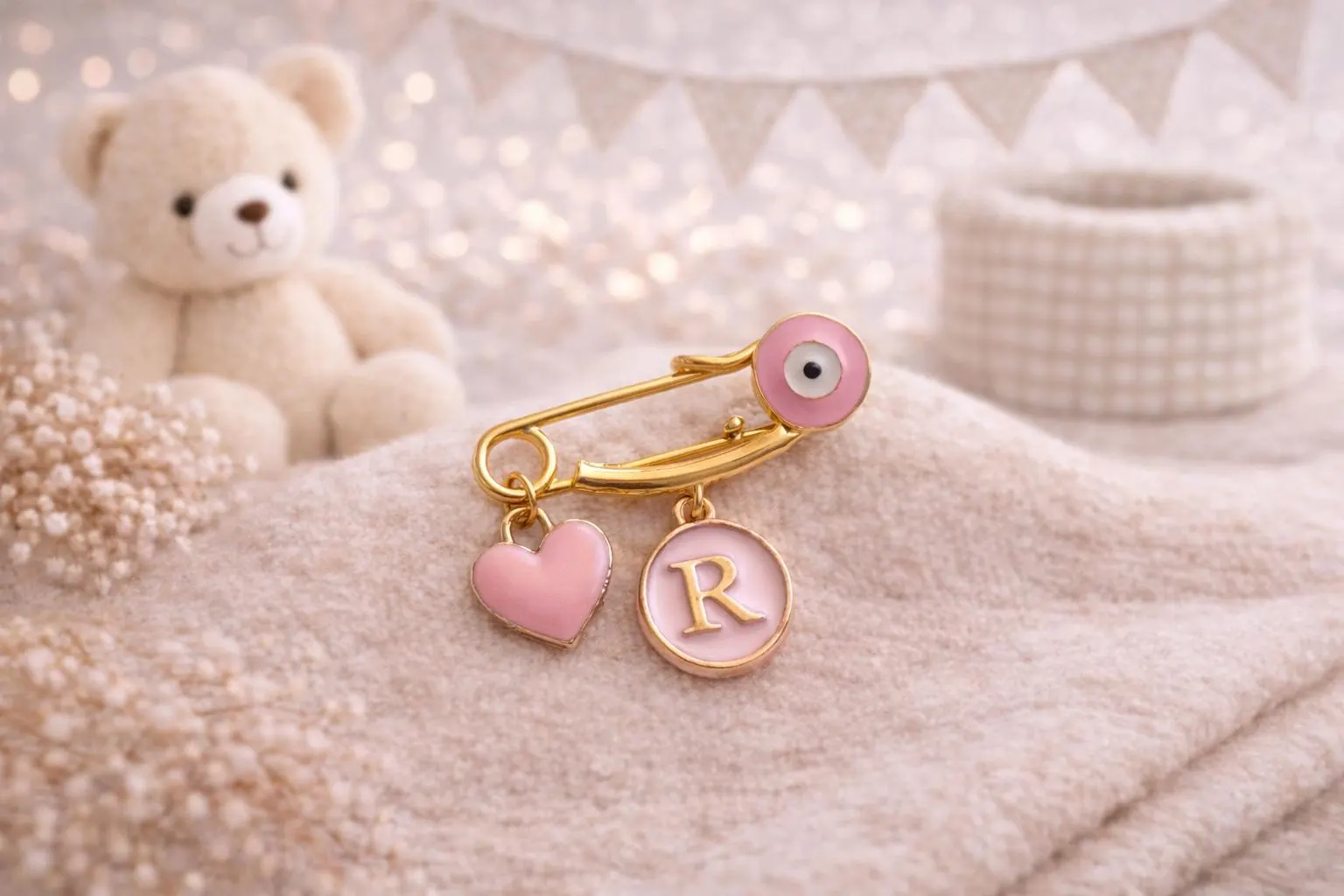 Personalized Baby Pin, Heart & Evil Eye, Newborn Keepsake Gift - image 3