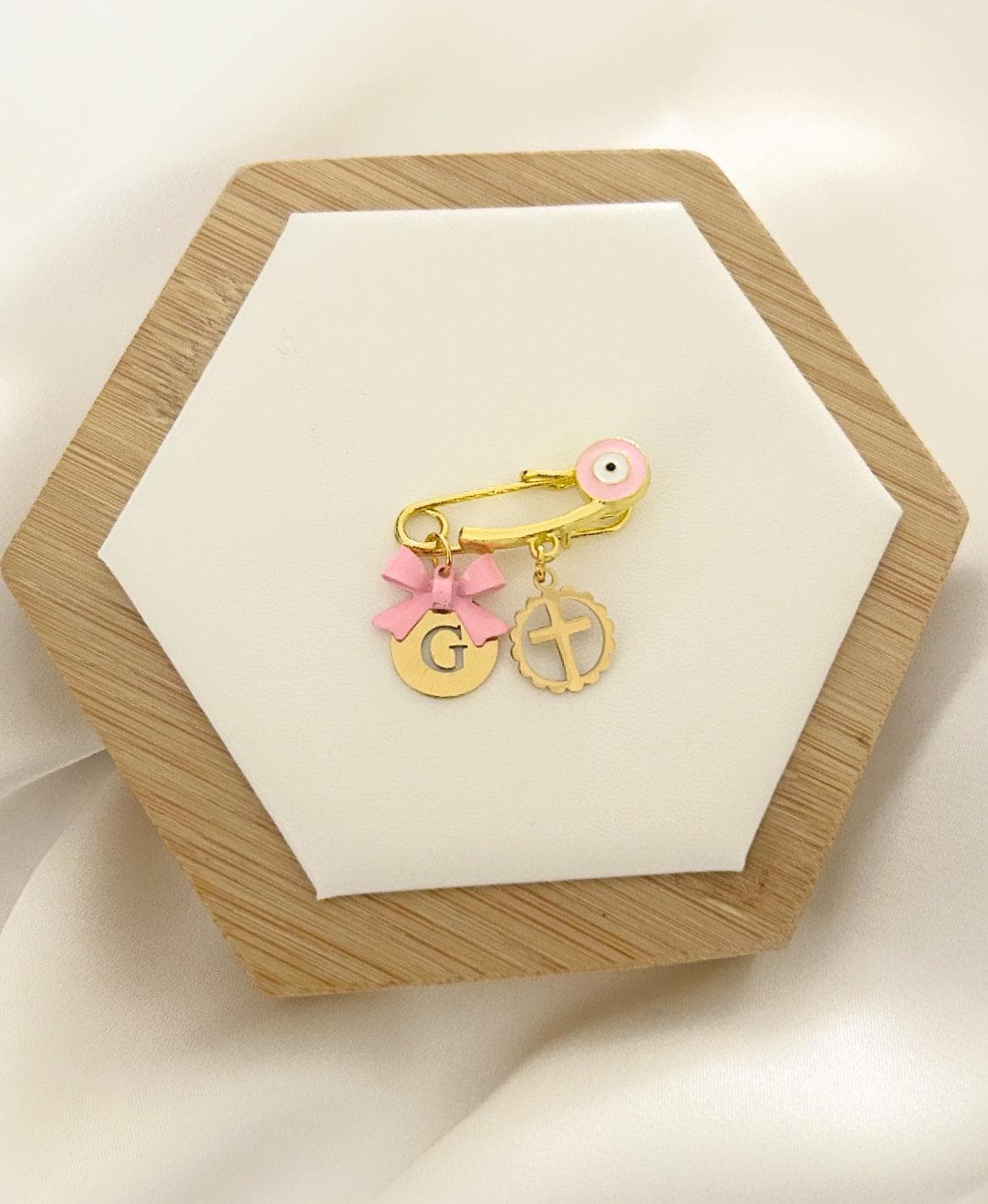 Personalized Gold-Plated Baby Pin, Evil Eye Bow Cross Charm Keepsake - image 4