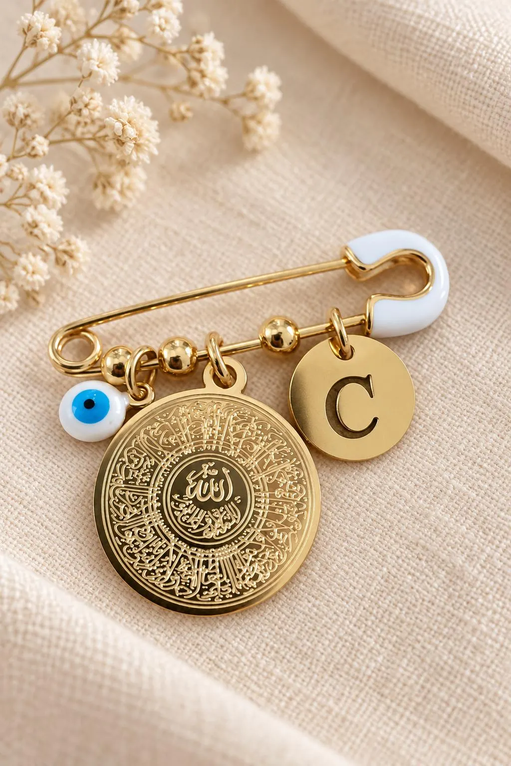 Personalized Islamic Baby Pin | Initial, Evil Eye, Allah Charm - image 3