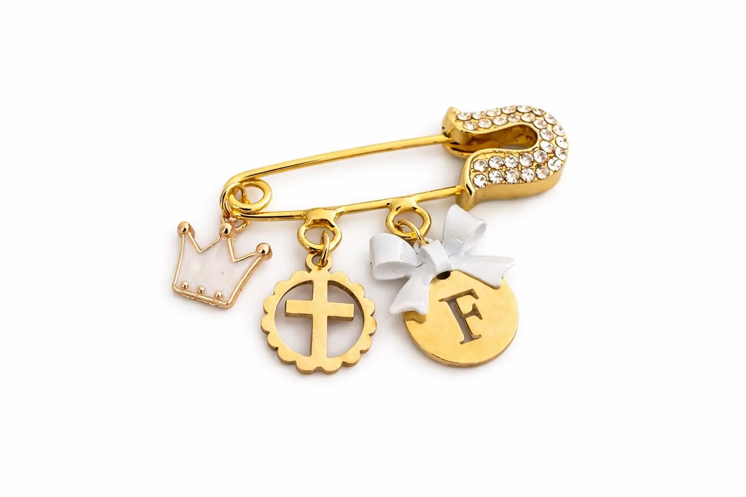 Personalized Gold-Plated Baby Pin, Cross Crown Initial Charm Keepsake - image 3