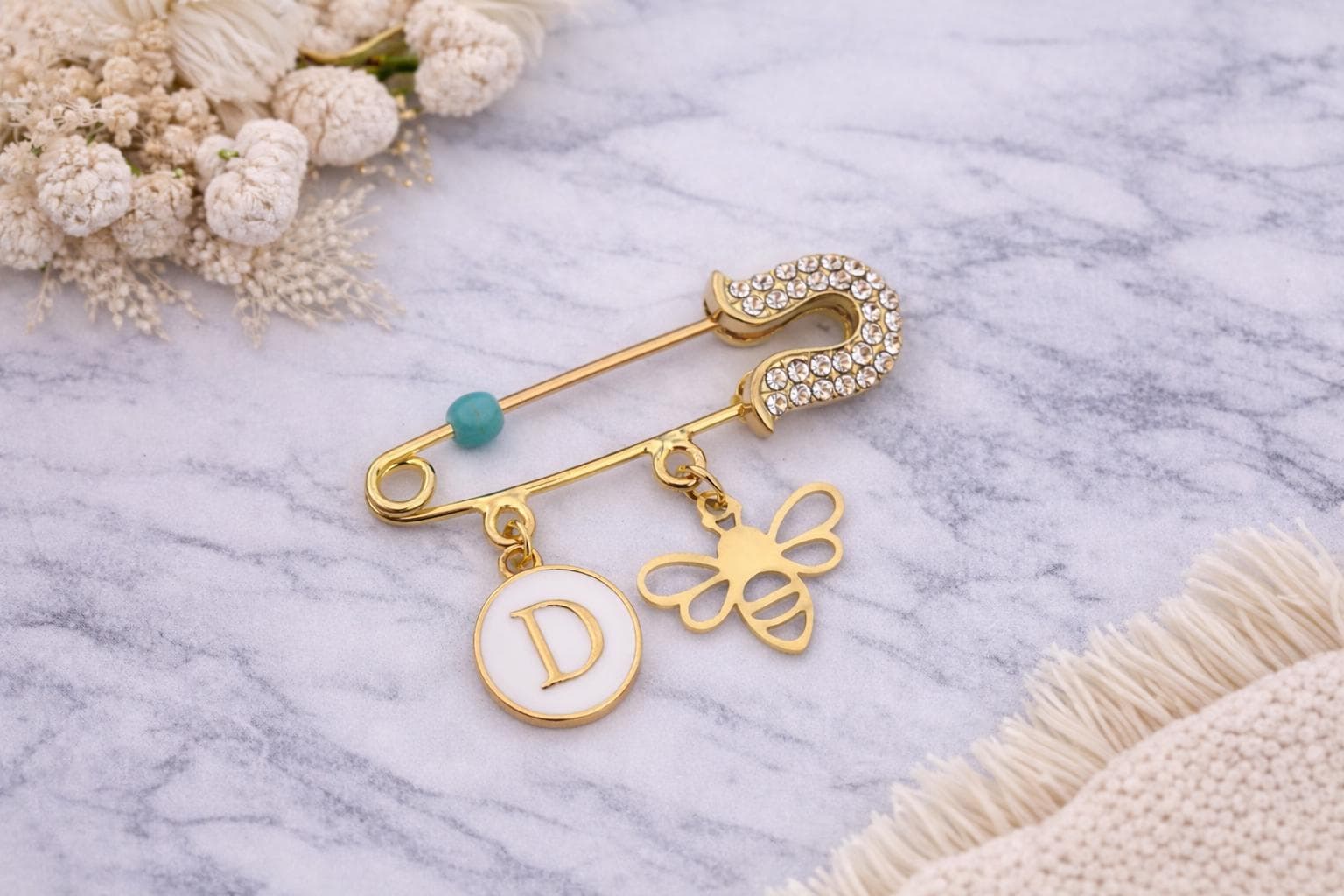 Personalized Initial Gold Safety Pin with Bee Charm | Elegant Minimal Brooch Gift - image 3