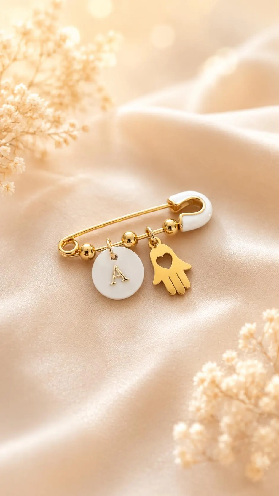 Personalized Gold Baby Pin | Initial & Hamsa Charm, Baby Keepsake - image 3