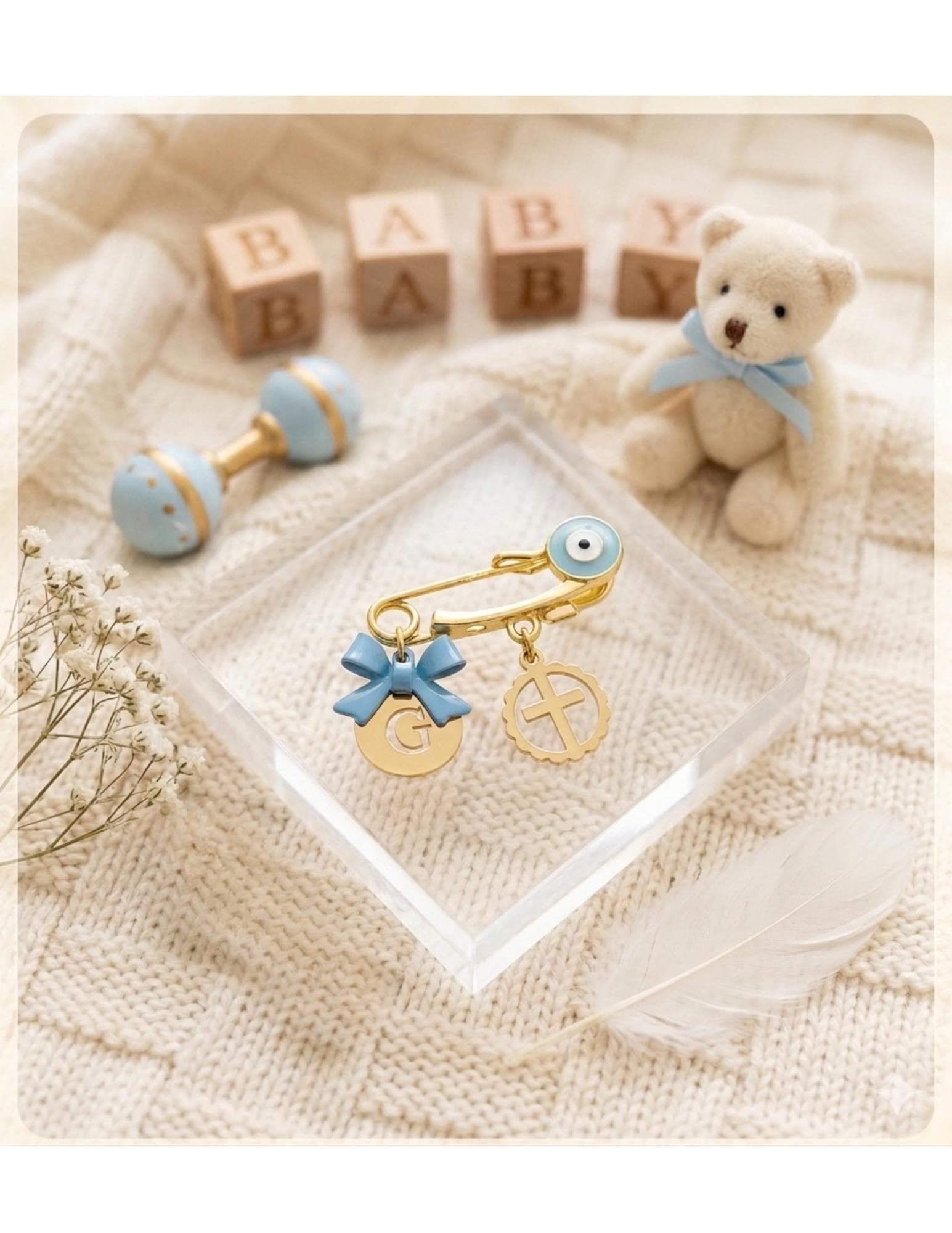 Personalized Gold-Plated Baby Pin, Evil Eye Bow Cross Charm Keepsake - image 3