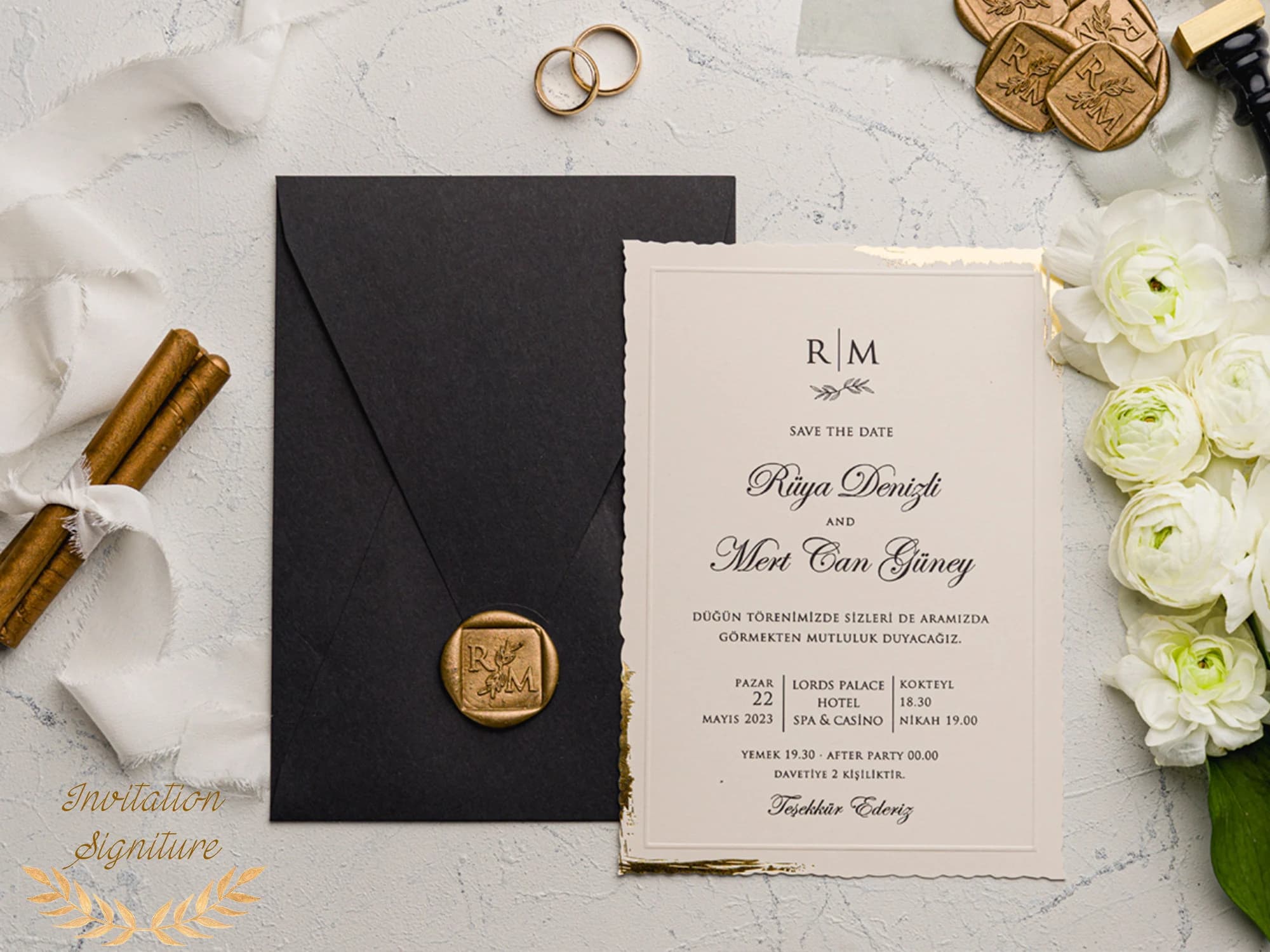 Wedding Invitation - Gold Foil Deckle Edge Invitations with Wax Seal - Minimalist Black Envelope - Modern Wedding Invitation - image 4