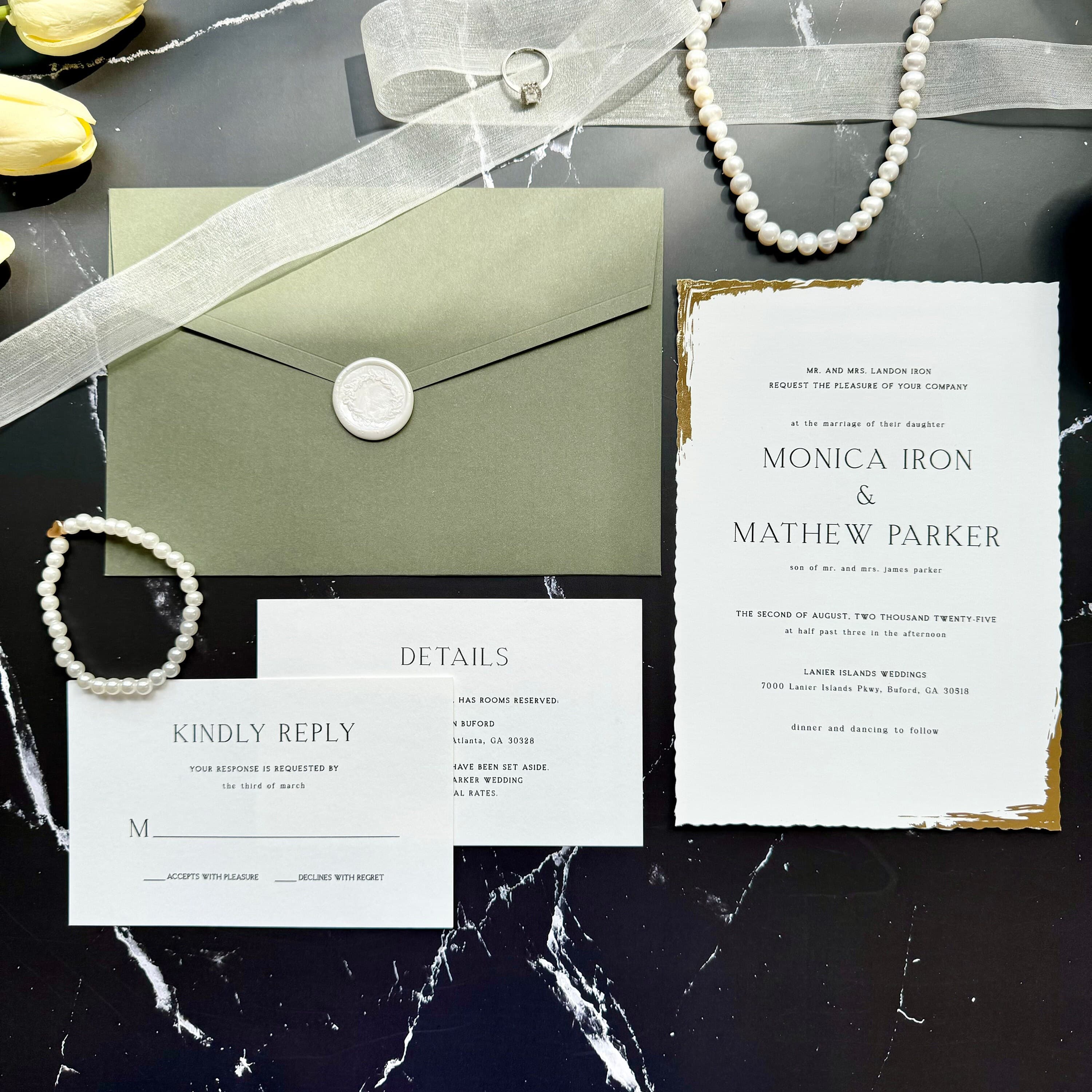 Wedding invitation suite set with a Classic design, wax seal, Sage Green invitation envelope, RSVP, and details card - image 4