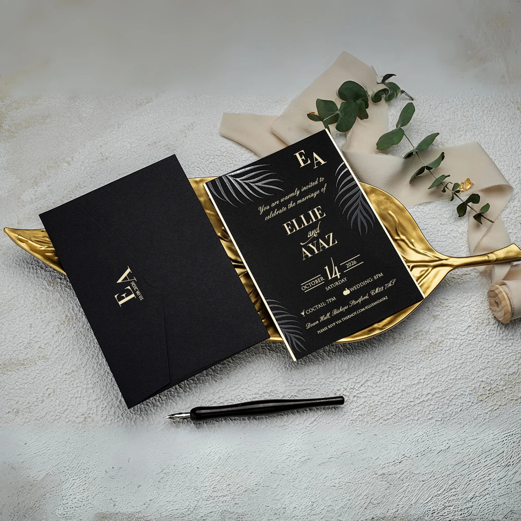 Palm Leaf Gold Foil Black Invitation - Elegant Harmony of Black Paper and Gold Print -Minimalist Black Envelope - image 3