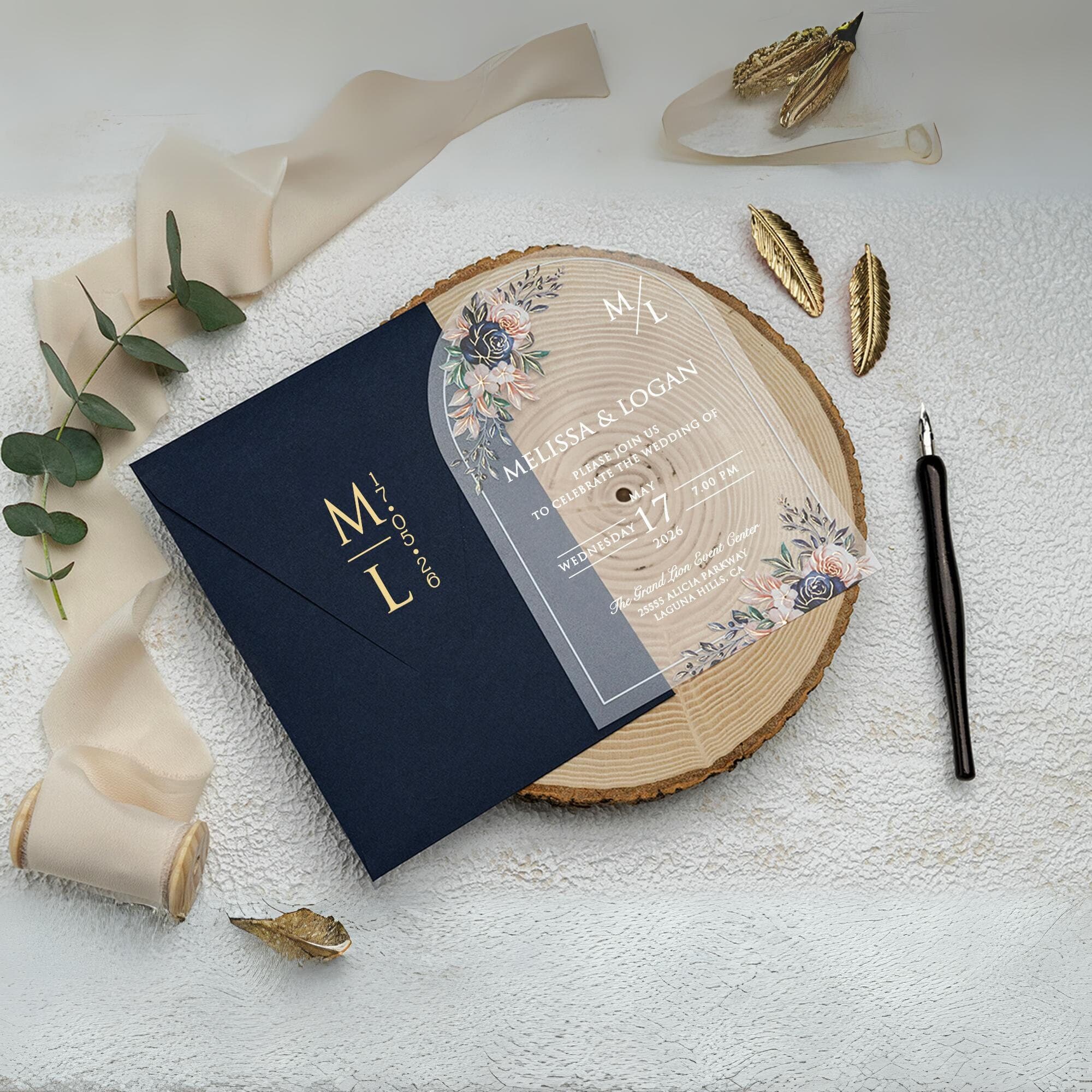 Oval Cut Floral Acrylic Wedding Invitation - Navy Envelope with Gold Print - Colorful Flowers and White Harmony - image 3