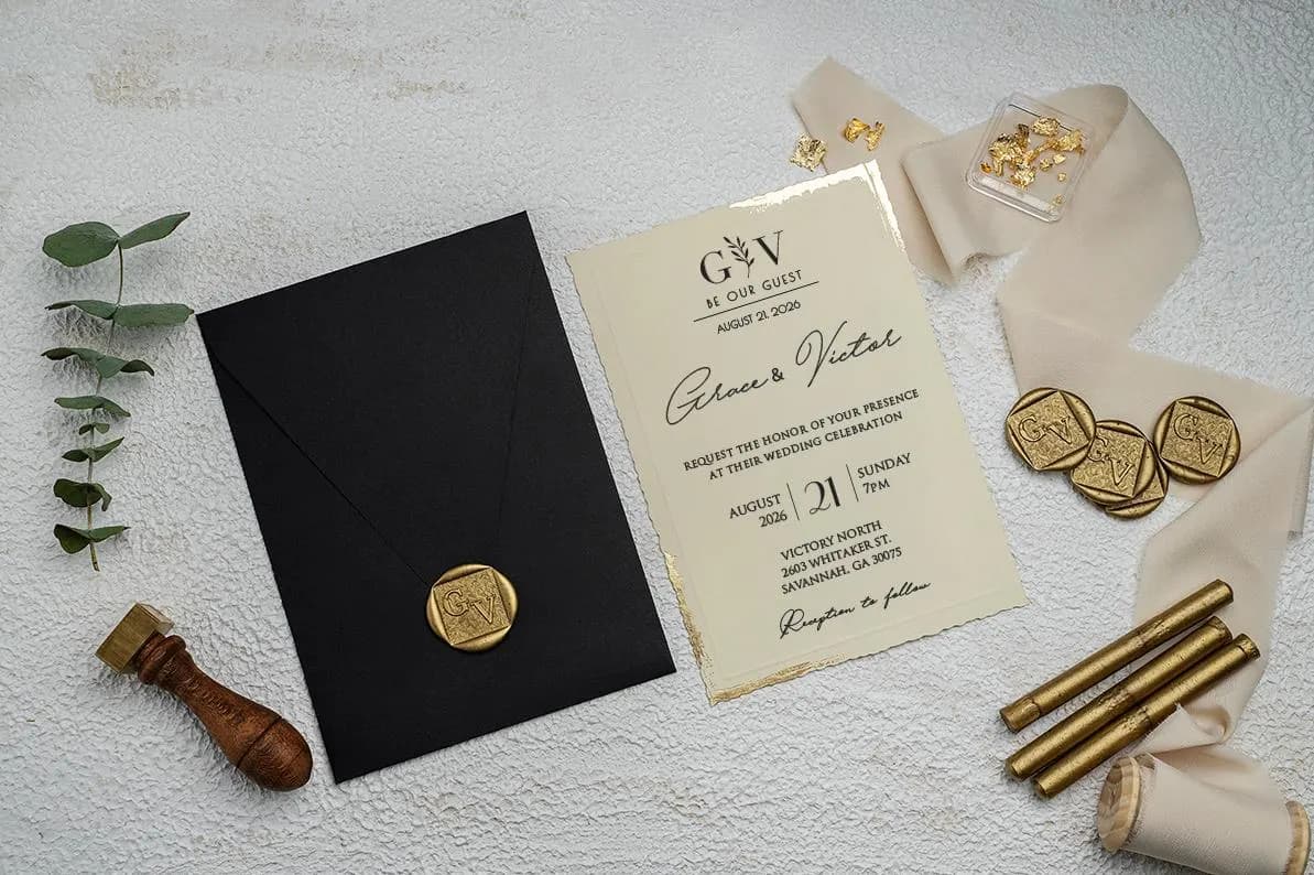 Personalized Wedding Invitation Set – Black Envelope, Gold Foil, Custom Wax Seal Elegant Invite - image 4