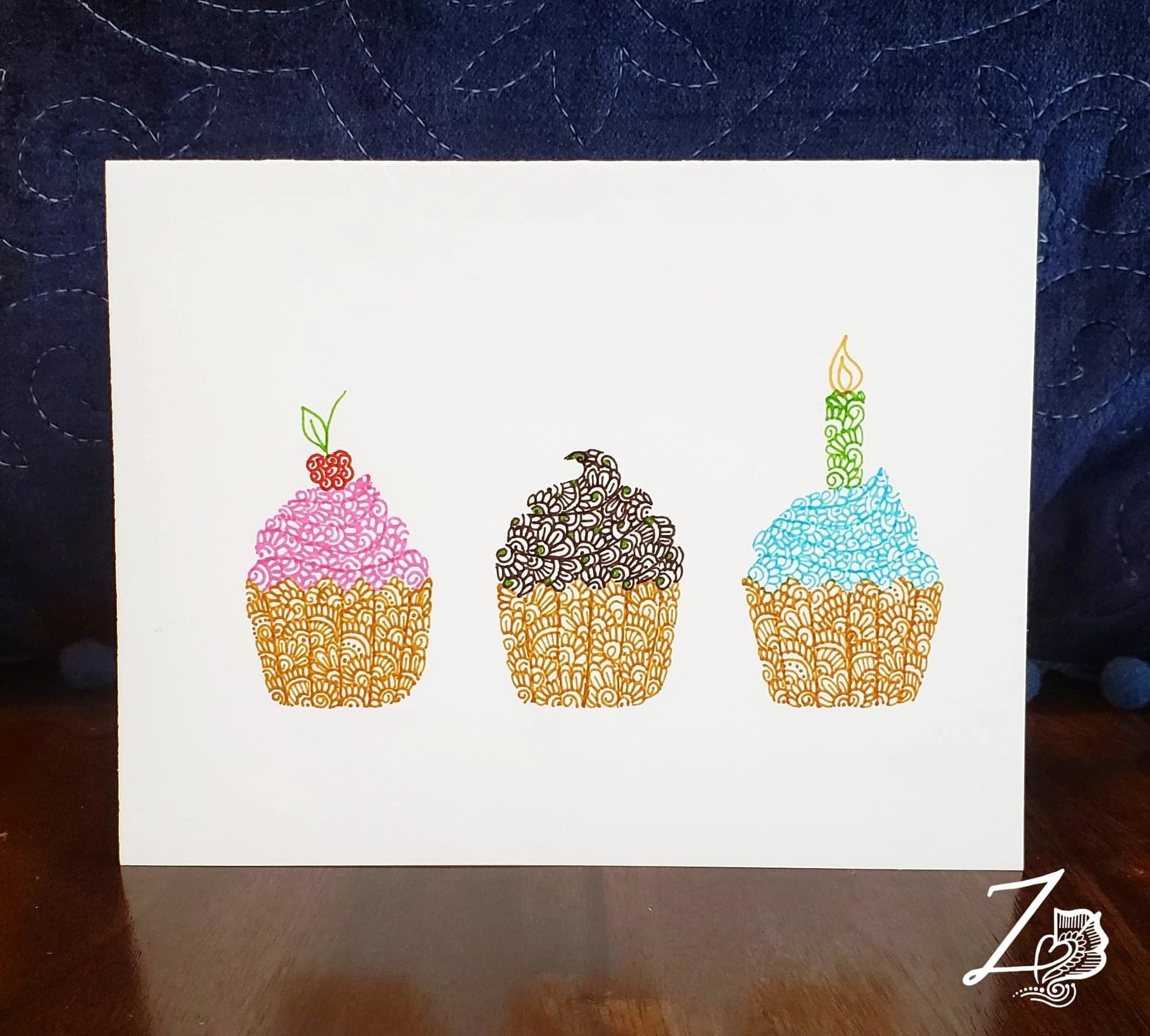 Cupcakes Card - Birthday Cards, Bday Cards, Happy Birthday, Birthday Art, Unique Cards, Henna Art Card, handdrawn artwork, Birthday Cupcakes - image 4