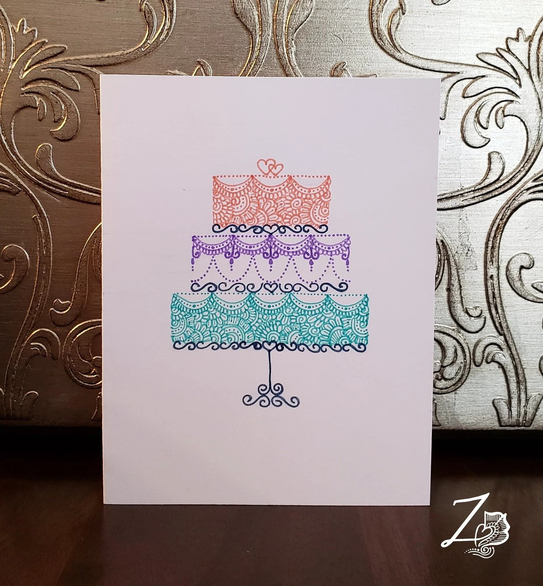 Wedding Cake Card - Anniversary, Engagement, Love Art, Valentines Day, Vday, Shaadi, Desi, Mehndi, Henna Art Card, handdrawn art,tiered cake - image 3