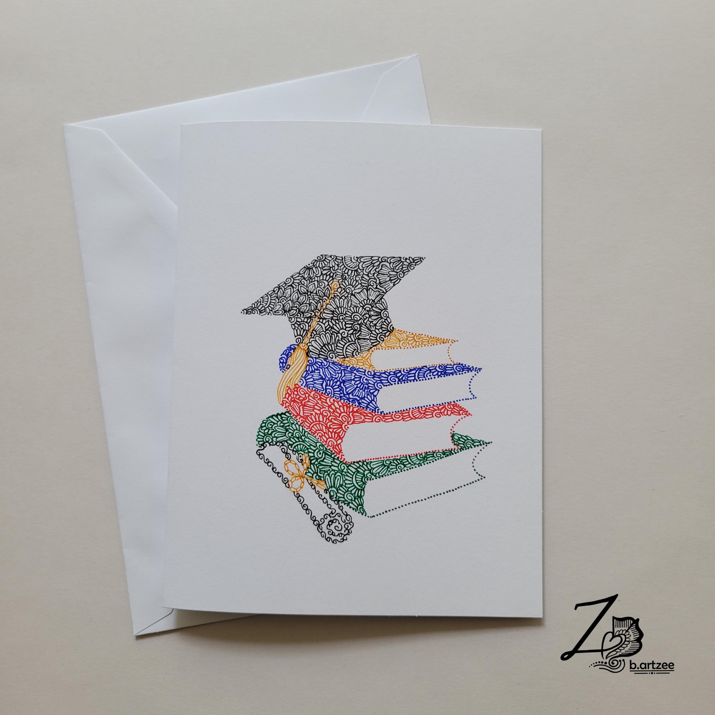 Grad Cap on Books Card - Original Art Cards, grad gift, congratulations,congrats, unique card, blank card, all occasion cards, handdrawn art