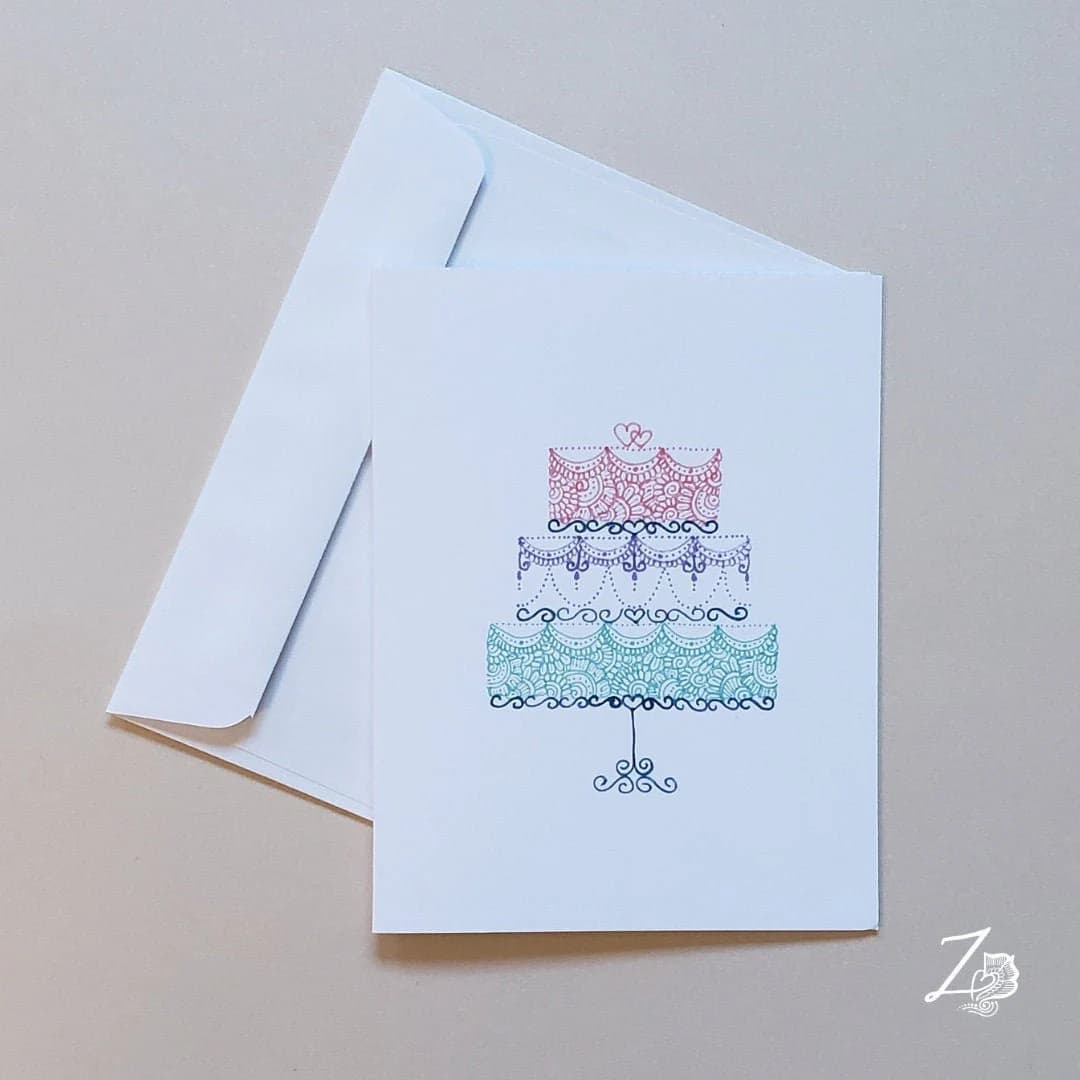 Wedding Cake Card - Anniversary, Engagement, Love Art, Valentines Day, Vday, Shaadi, Desi, Mehndi, Henna Art Card, handdrawn art,tiered cake