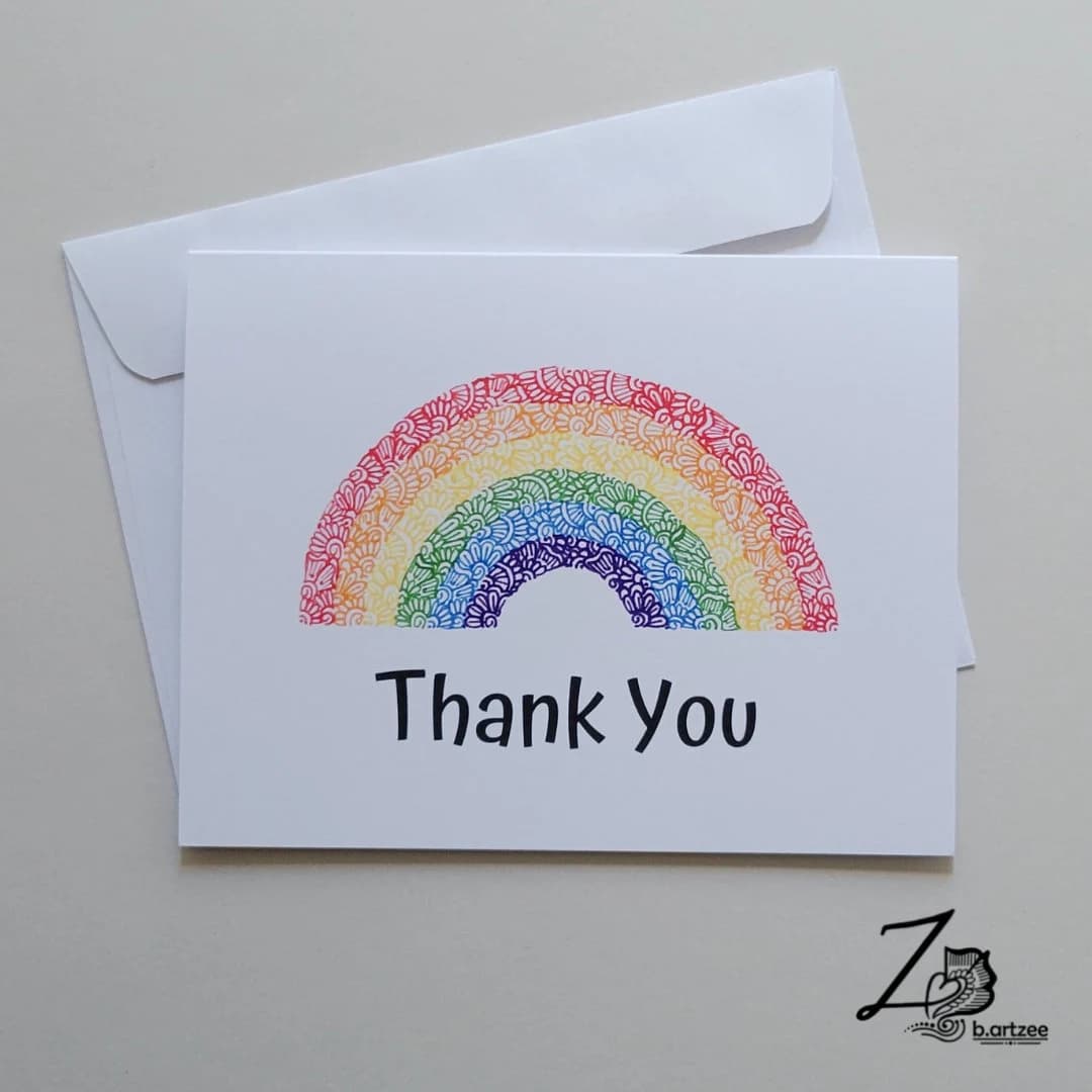 Rainbow Thank You Card - thanks, thankful, grateful, gratitude, red heart, floral, art cards, thank you gifts, love is love,handdrawn design