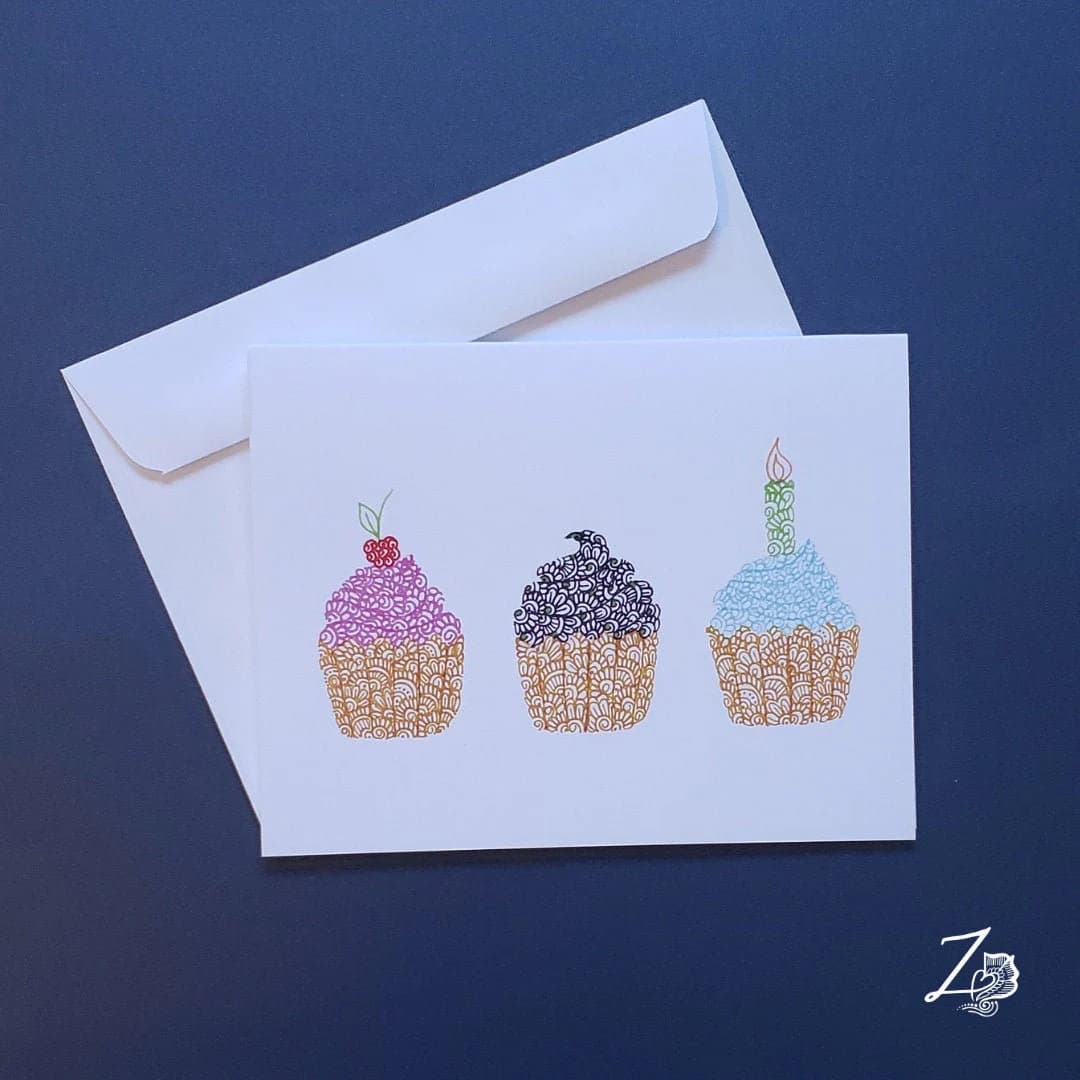 Cupcakes Card - Birthday Cards, Bday Cards, Happy Birthday, Birthday Art, Unique Cards, Henna Art Card, handdrawn artwork, Birthday Cupcakes