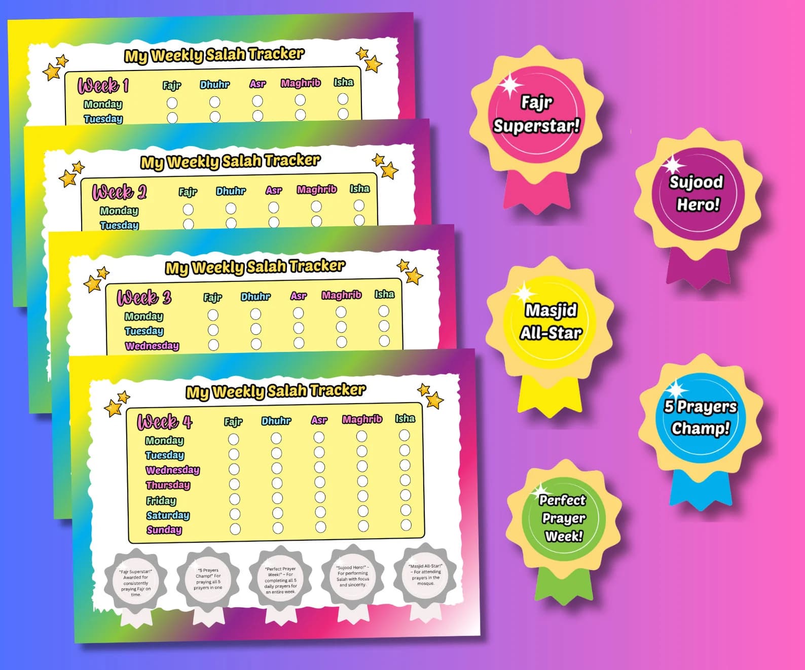Printable Weekly Salah Tracker with Reward Badges, 4 Week Tracker - image 4