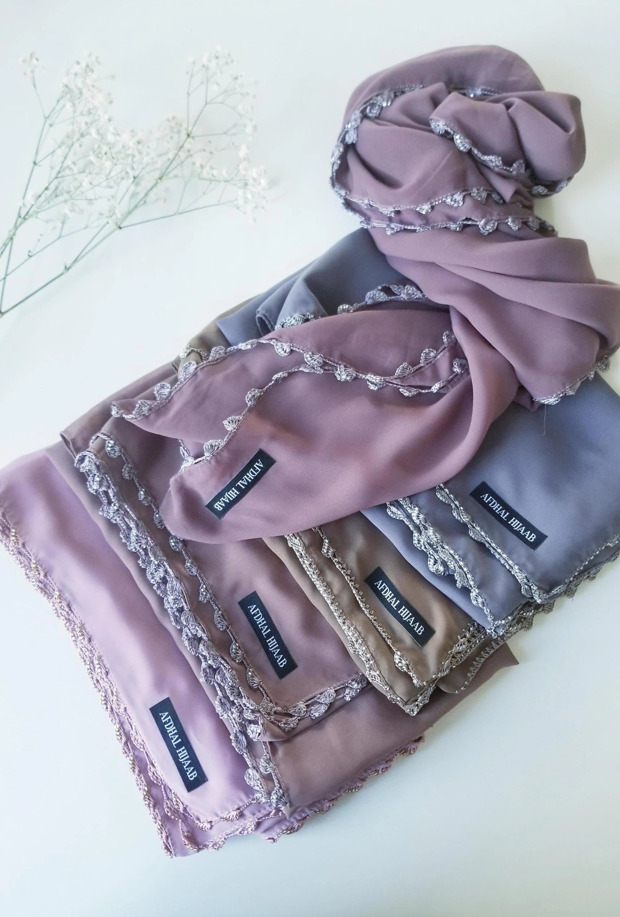 Chiffon Hijab with crocheted beads, embroidered chiffon hijab, crochet trim, fancy chiffon