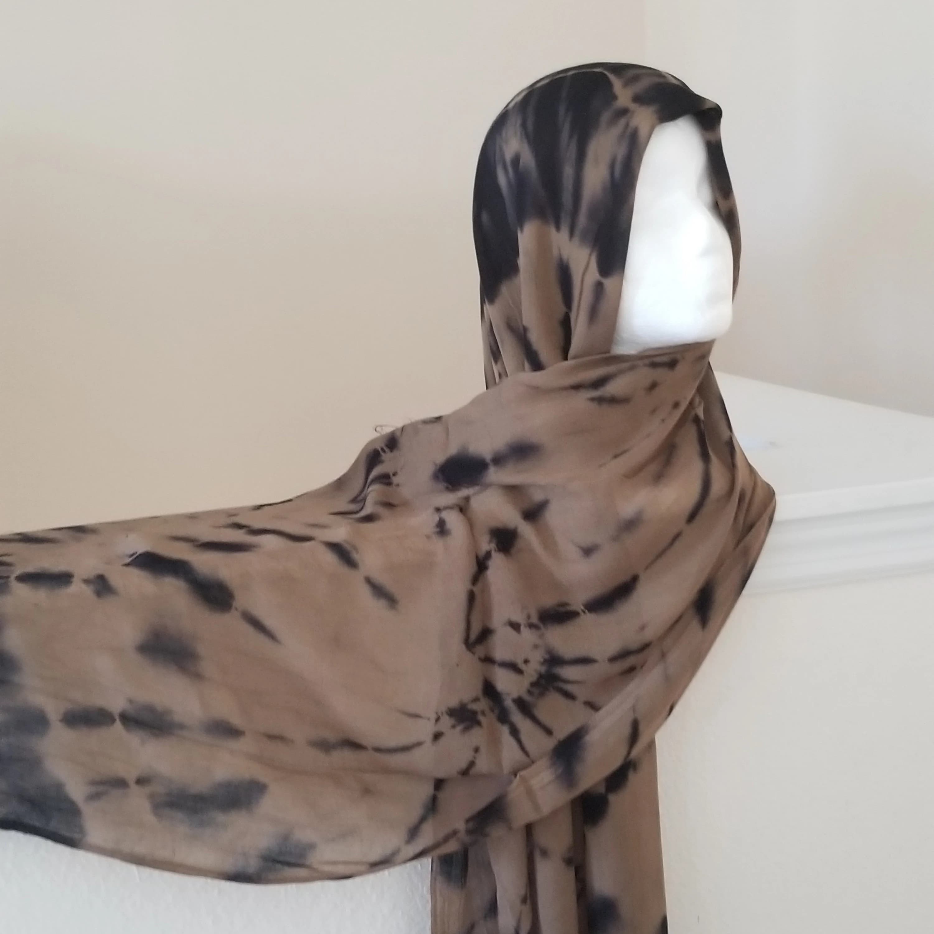 Black tie dye viscose hijabs, viscose hijab, scarf. Headwrap, aztec shawl, soft viscose hijab, black and brown hijab, tie dye hijab - image 3