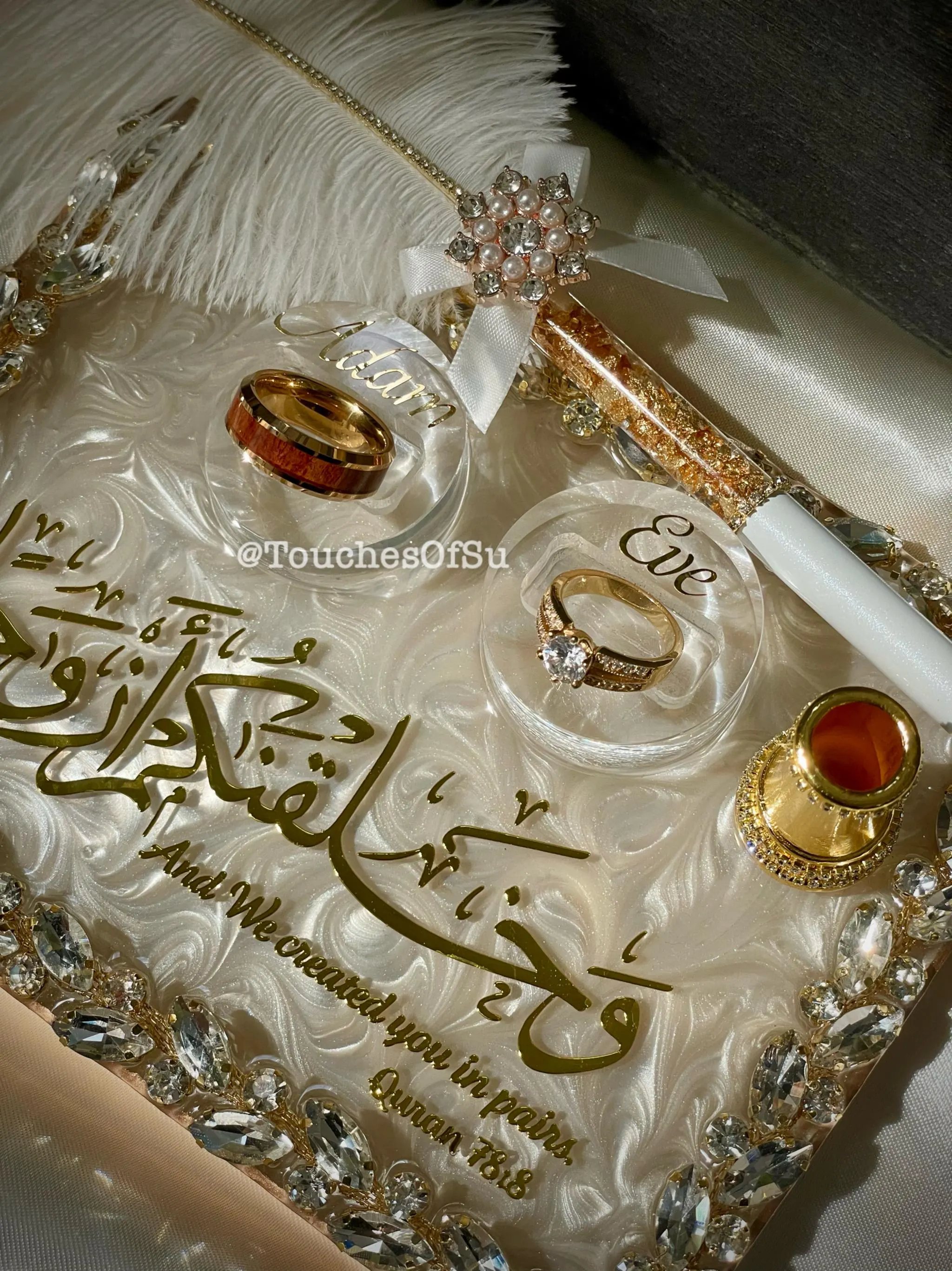 7.5in x 5in Pearl White & Gold Islamic Engagement/ Nikkah Wedding Ring Tray with Customizable Ring Boxes and Pen. Handmade Resin Artwork - image 4