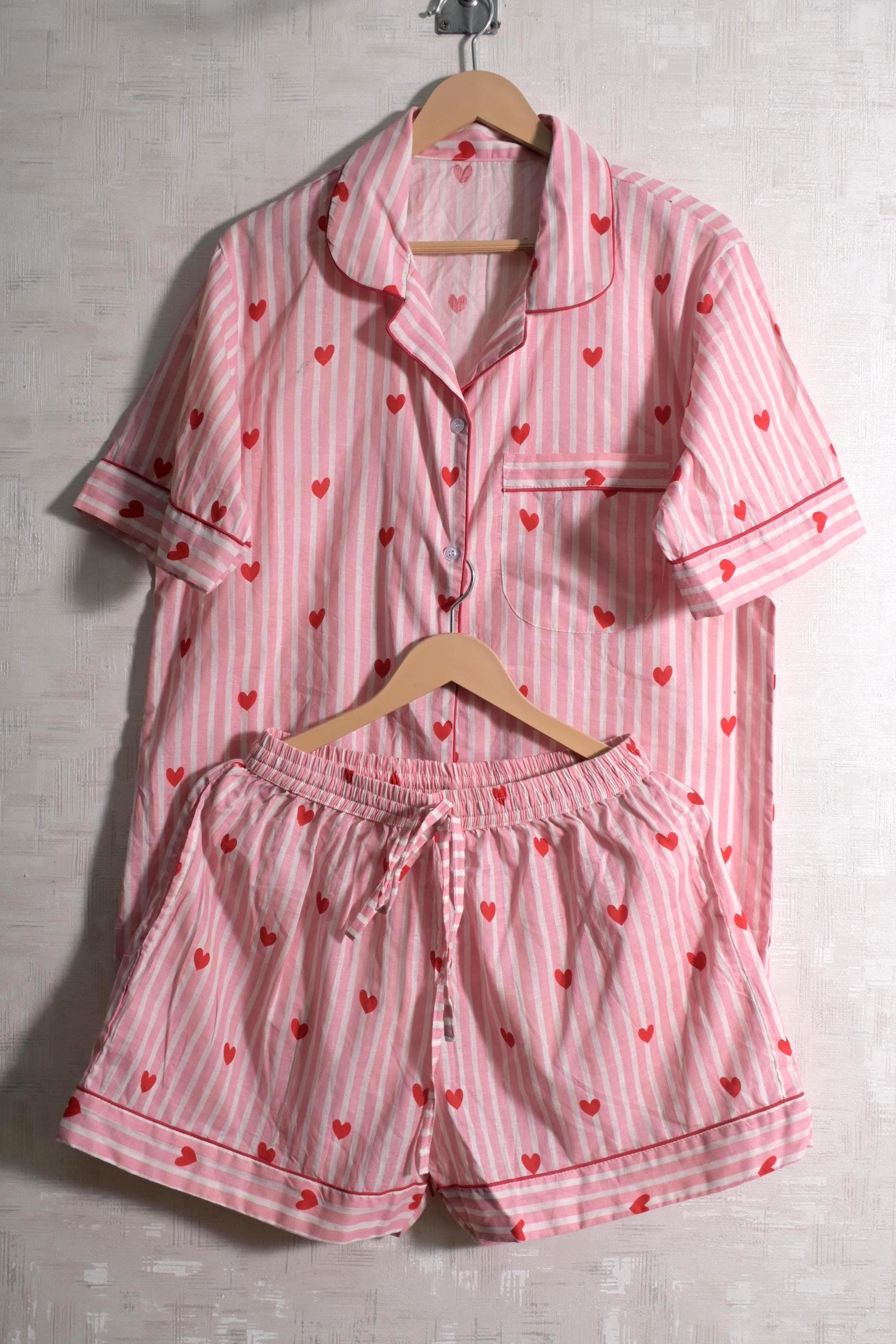Pink Striped Heart Cotton Pajama Set, Button Down Sleepwear Loungewear