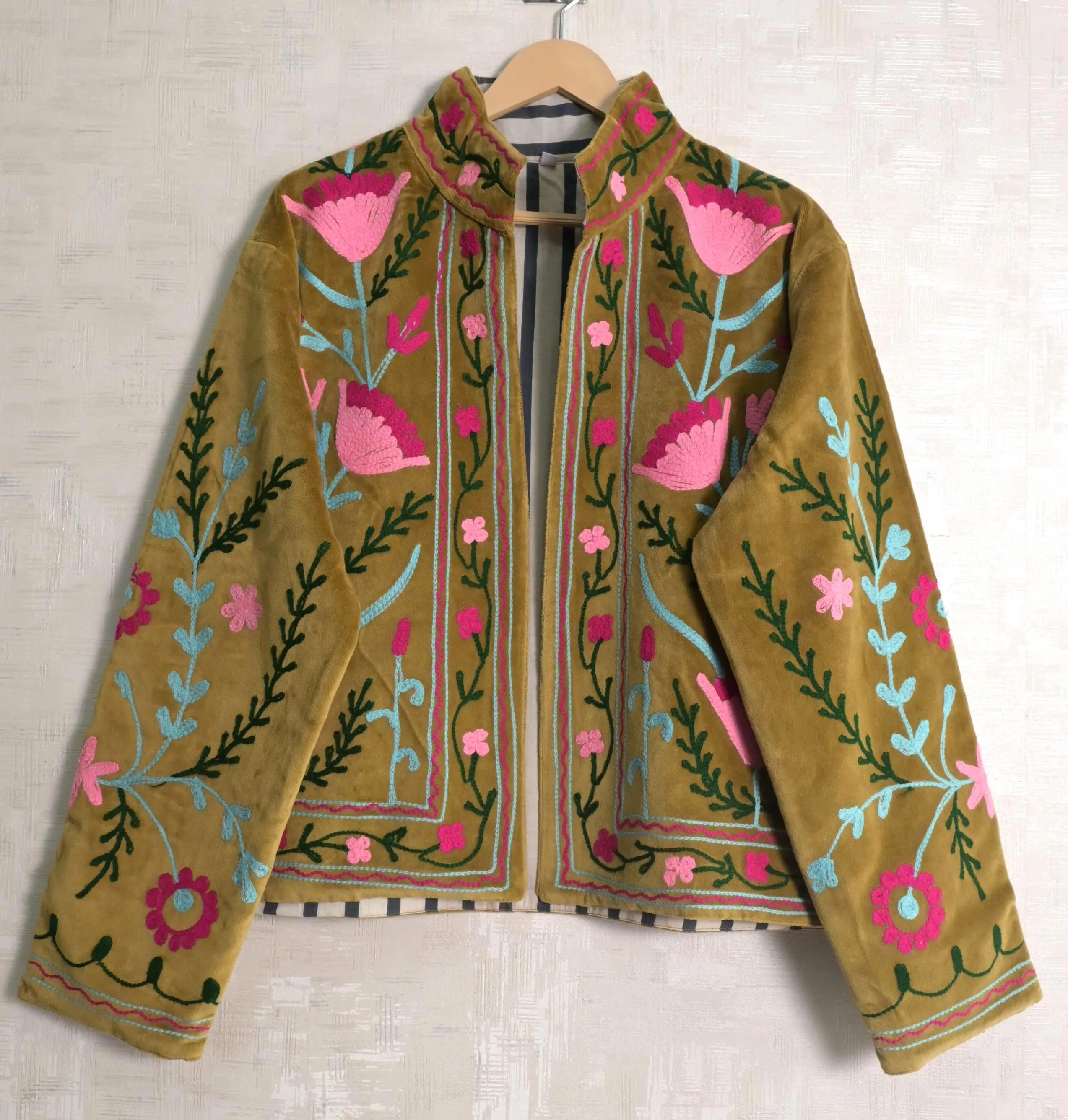 Suzani Embroidered Women Floral Velvet Jacket Hippie Designer Fashionable Plus Size Boho Outerwear Coat