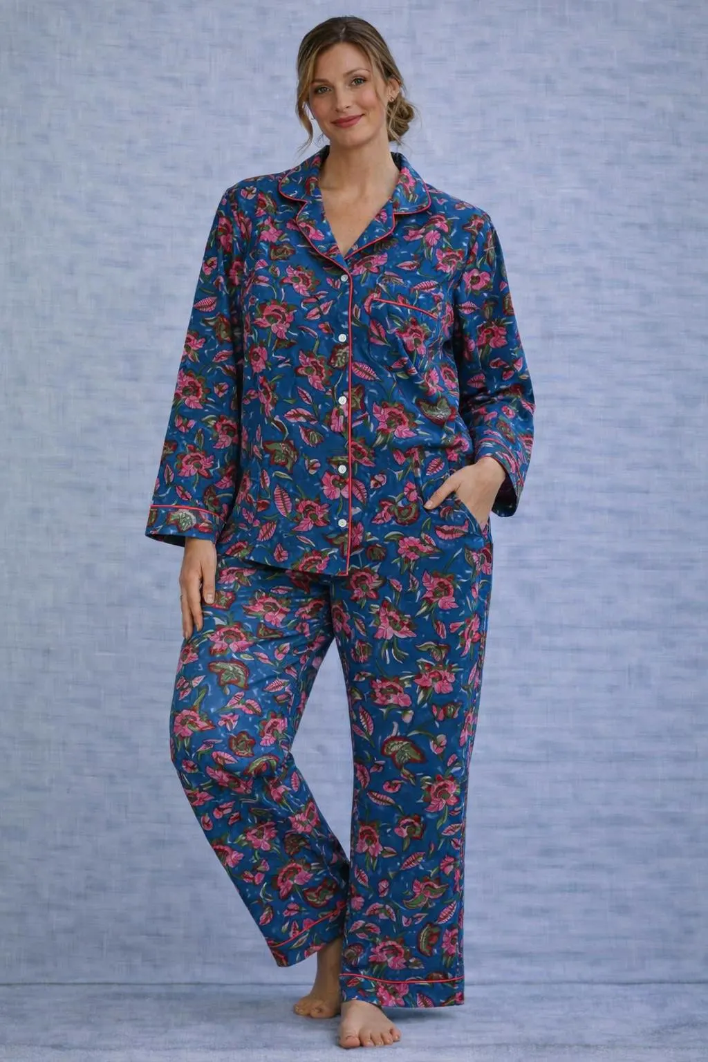Blue Floral Print Cotton PJ Sets Women Long Sleeves Pyjamas Summer Night Suit Loungewear