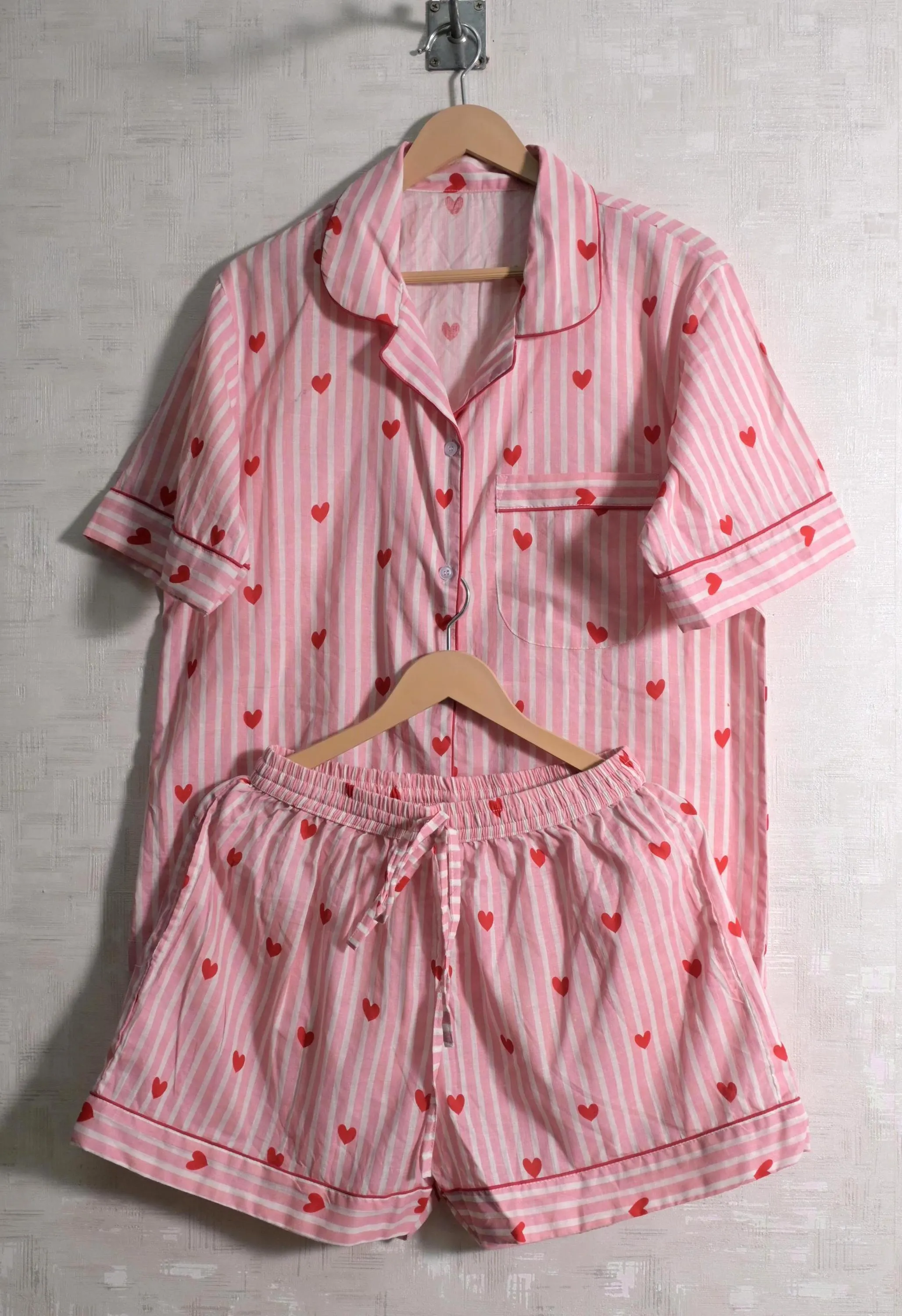 Pink Striped Heart Cotton Pajama Set, Button Down Sleepwear Loungewear - image 4