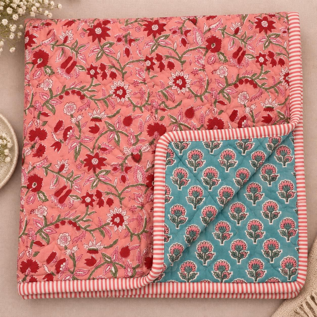 Floral Print Cotton Quilted Baby Blanket Boho Kids Baby Dohar Toddler Reversible Blanket Gift For Her