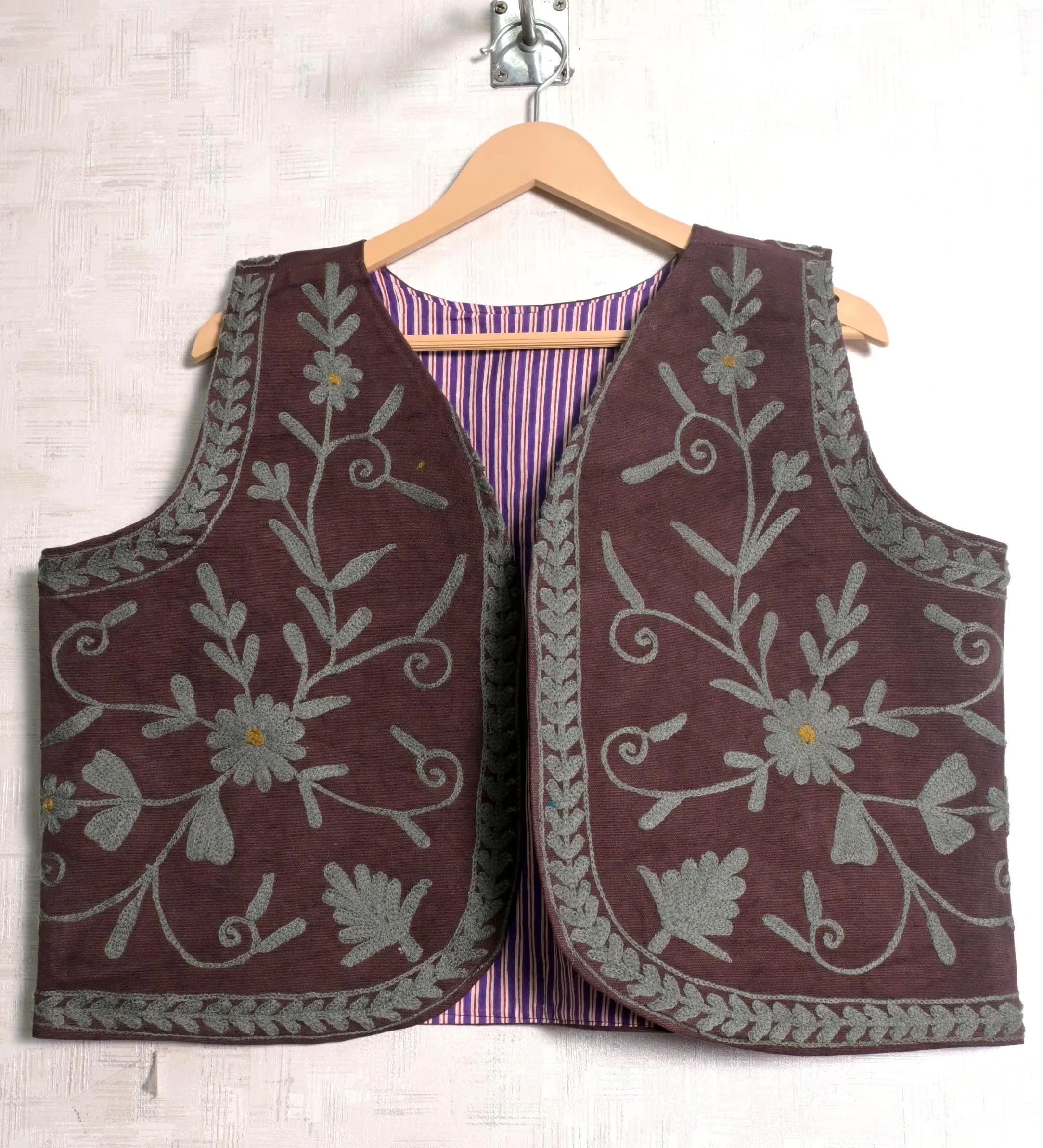 Brown Cotton Suzani Embroidered Women Vest Floral Embroidered Waistcoat Sleeveless Short Casual Jackets