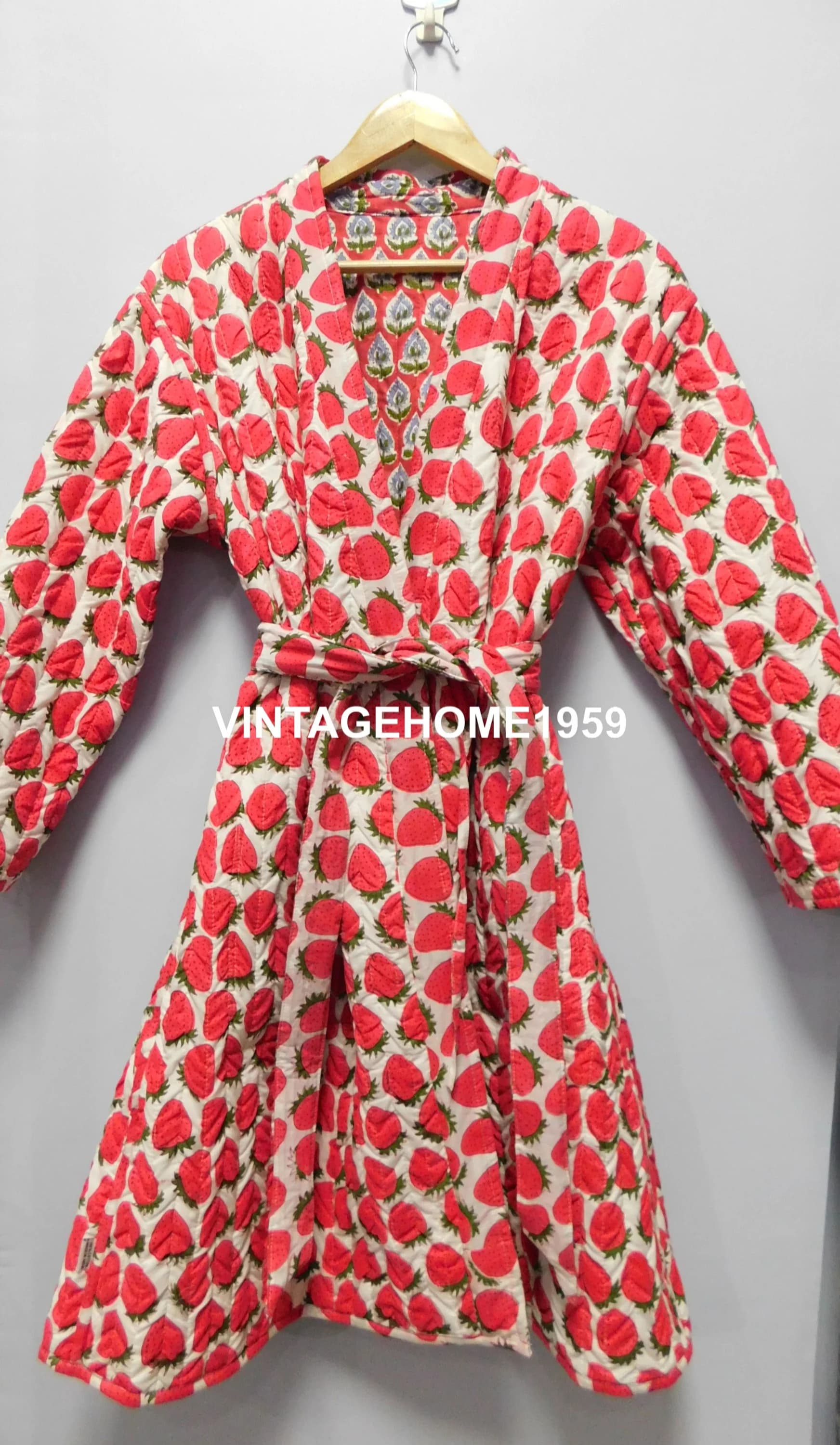 Strawberry Print Cotton Quilted Robe: Reversible Block Printed Kimono