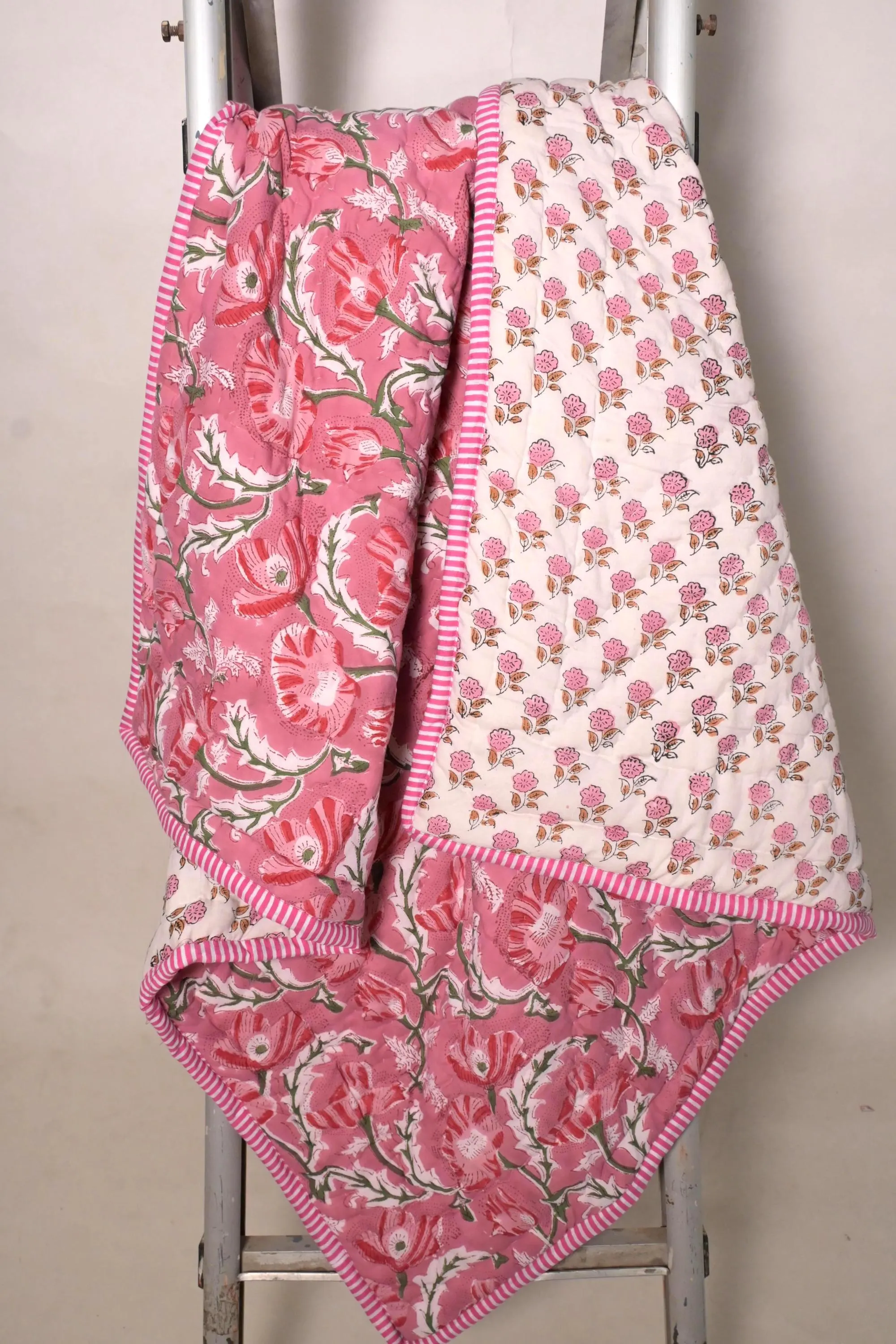 Pink Floral Quilted Kids Blanket Hippie Bohemian Baby Dohar Reversible Toddlers Quilte Gift For Her