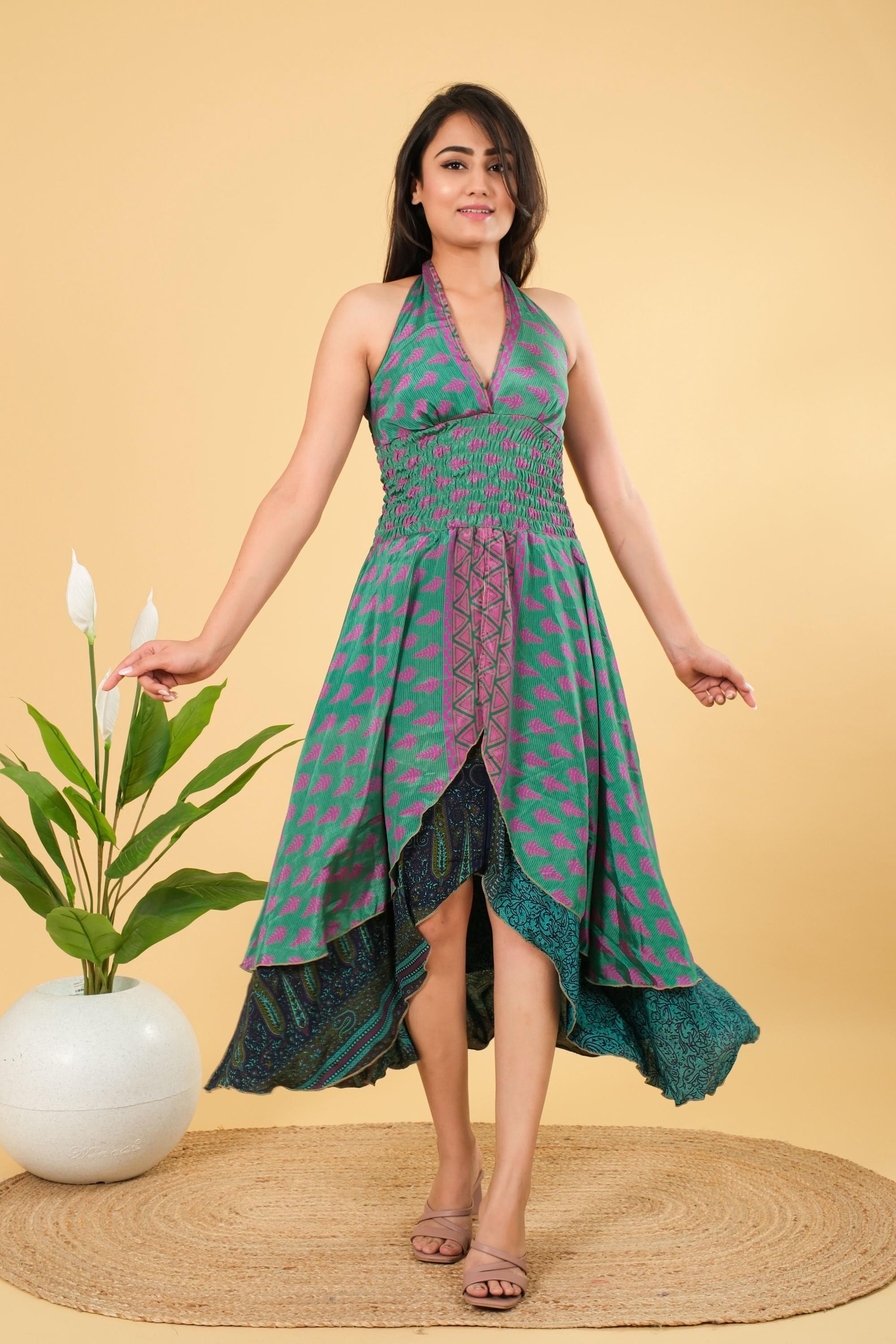 Vintage Silk Halter Dress: Backless Party Tunic, Free Size