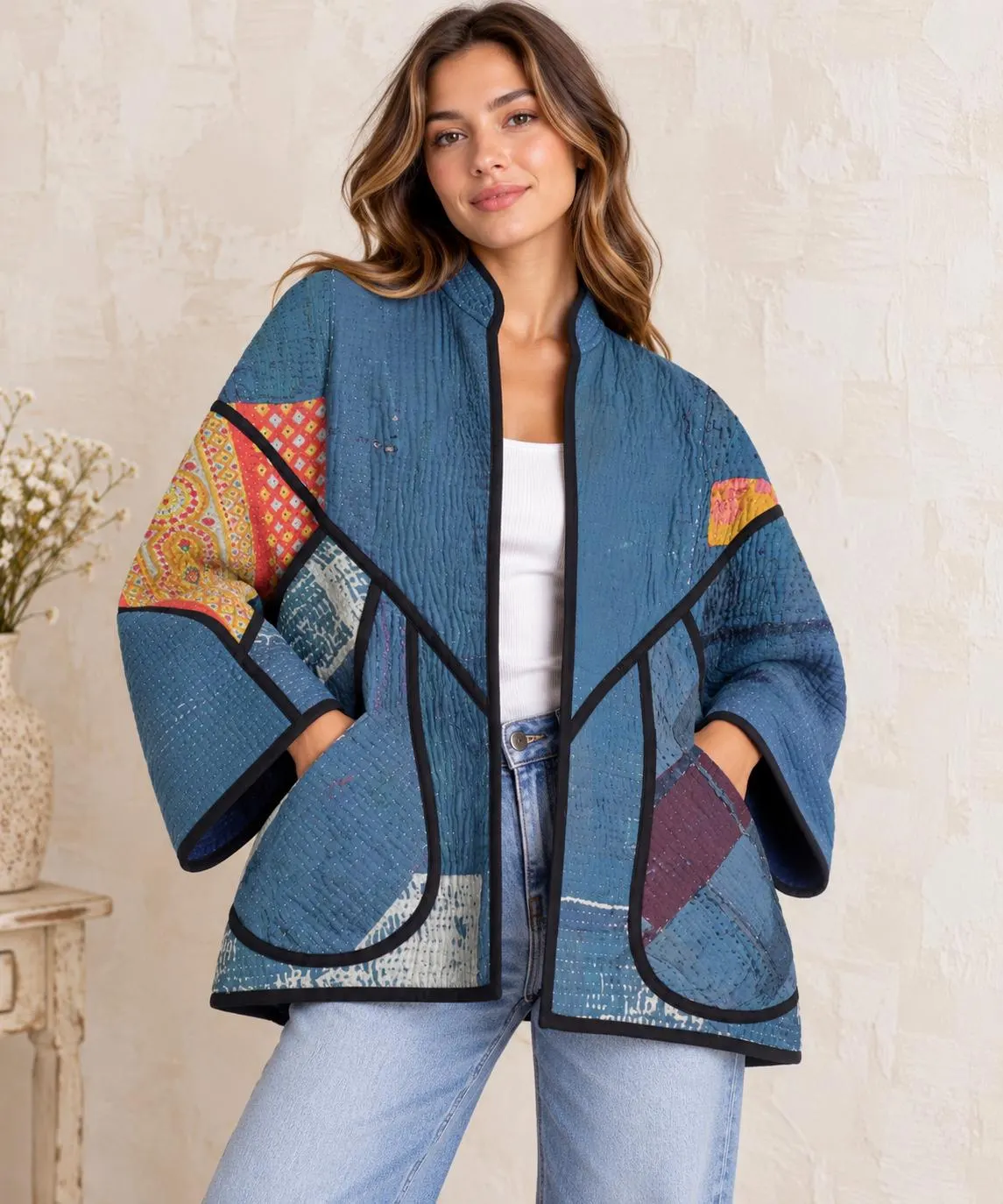 Indigo Print Women Cotton Vintage Kantha Jackets Hippie Plus Size Recycled Boho Fashion Coat Gift For Her