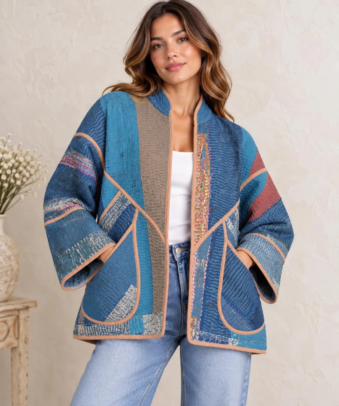Vintage Cotton Quilted Kantha Hippie Jackets Bohemian Plus Size Recycled Outerwear Coat Gift For Her