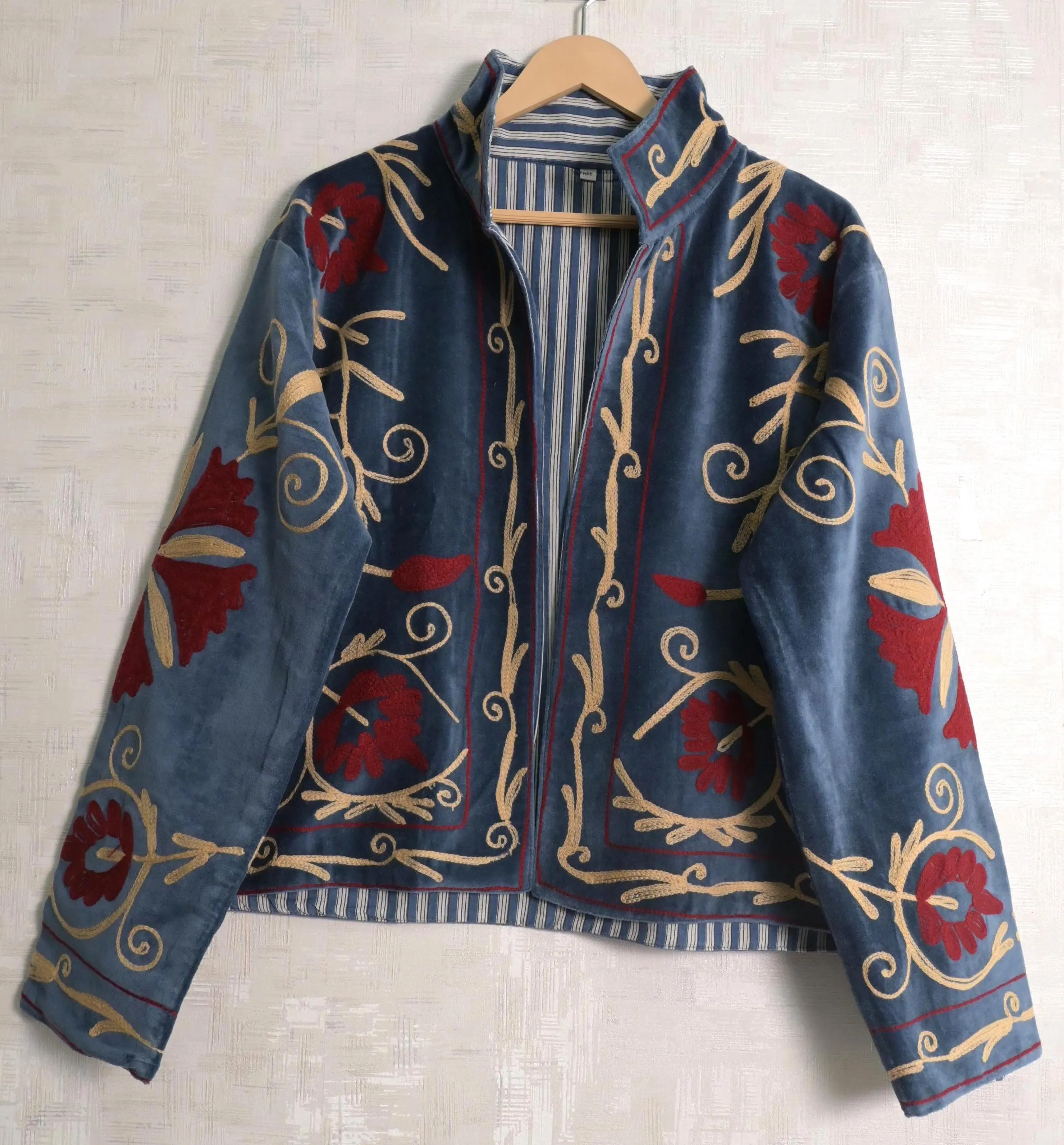 Blue Velvet Suzani Embroidered Women Short Jackets Hippie Long Sleeves Outerwear Winter Boho Coat