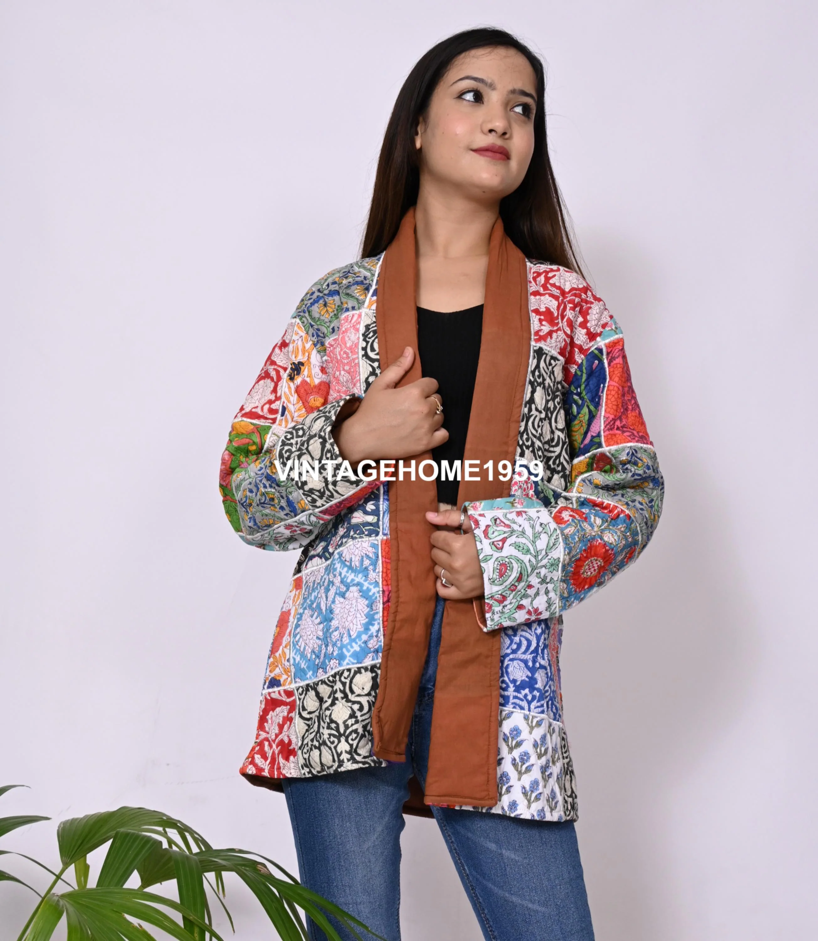 Patchwork Cotton Quilted Jacket: Multicolor Boho Hippie Coat, Free Size