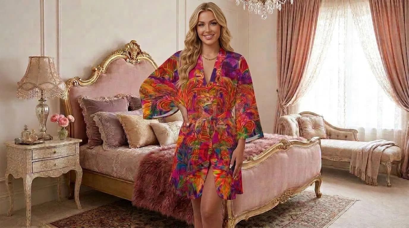 Women's Ruffle Long Sleeve Robe Magenta Orange Feather Carnavali - image 5