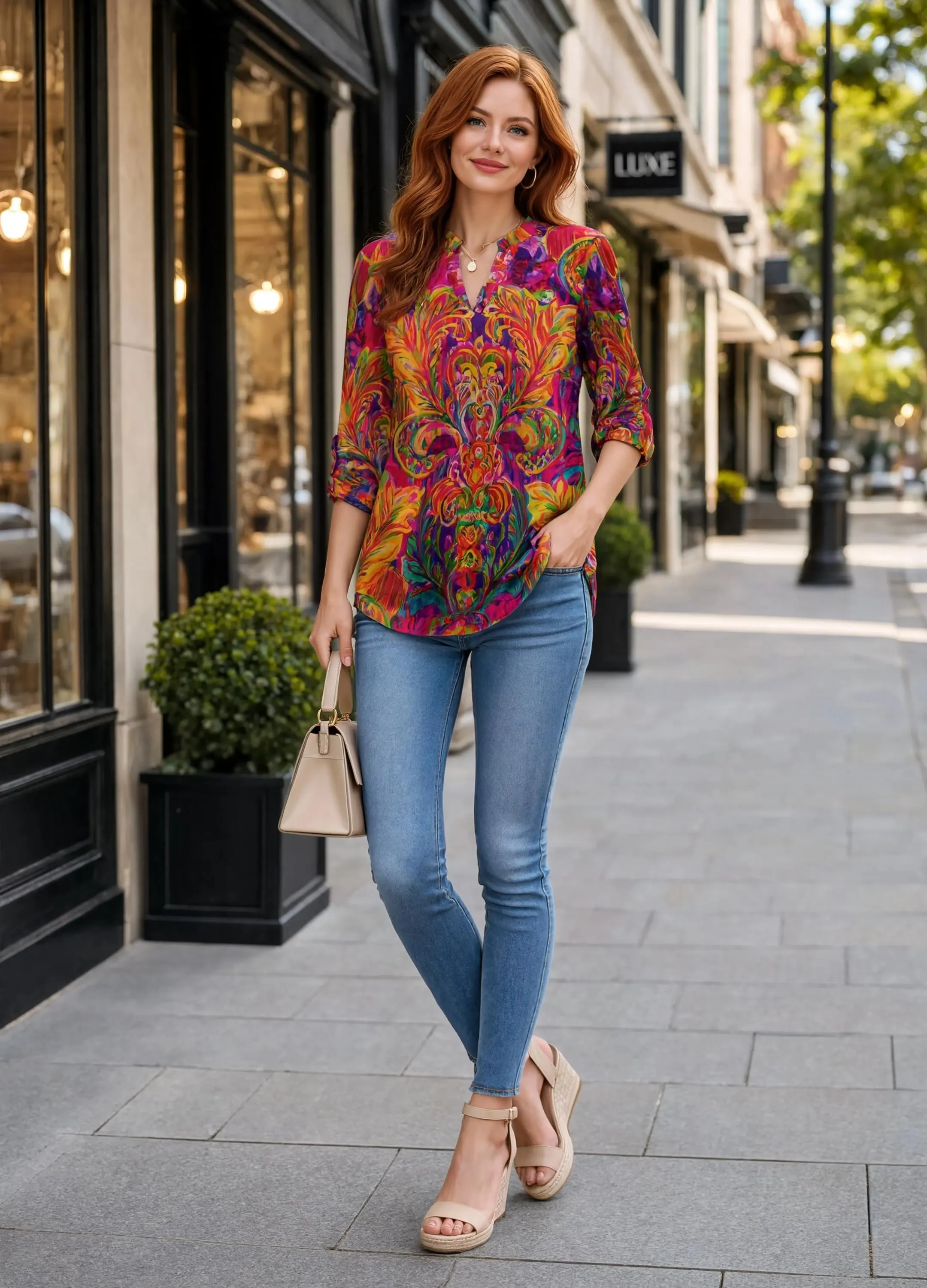 V-Neck Long Sleeved Shirt Orange Feather Carnavali - image 3