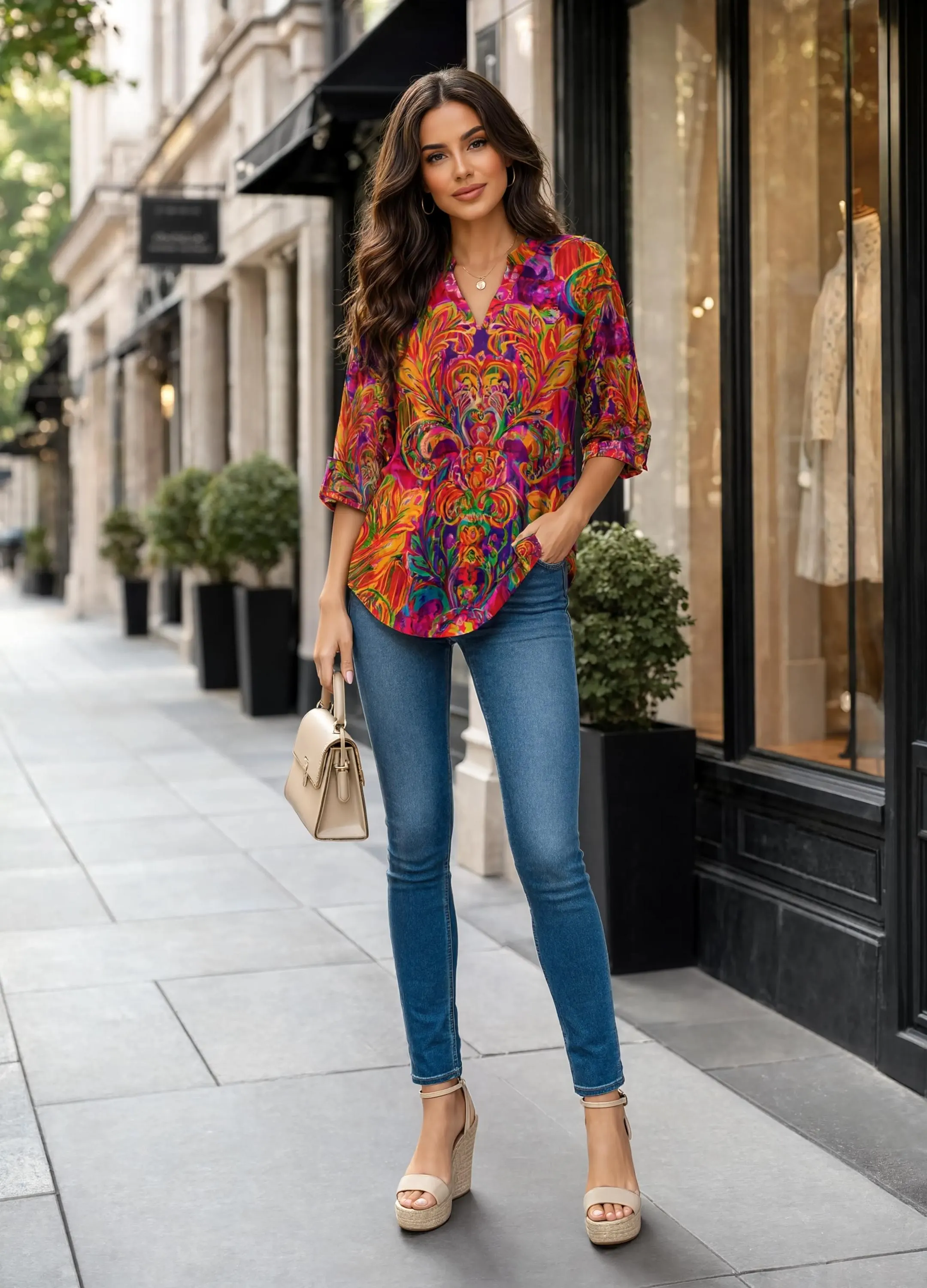V-Neck Long Sleeved Shirt Orange Feather Carnavali - image 5