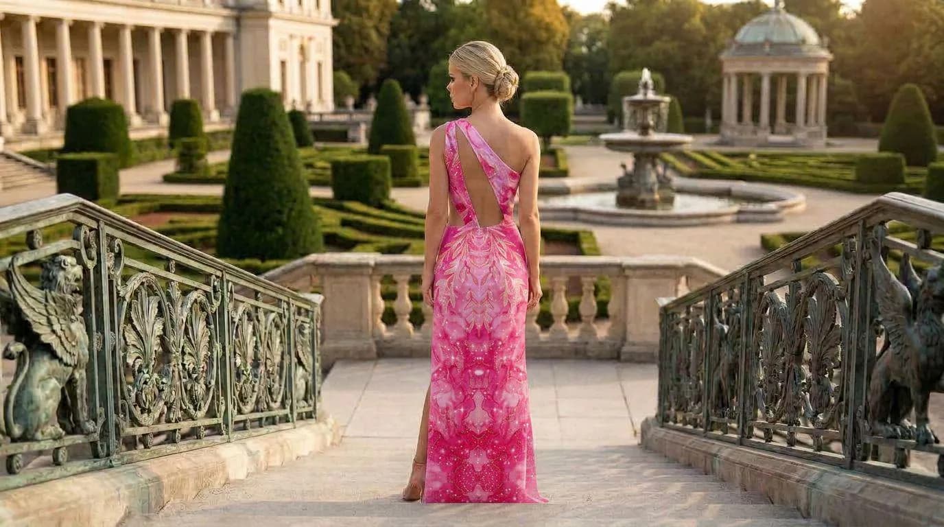 Women's Wrap Maxi Dress Side Cutout Lined Hot Pink Celestial Stars - image 4