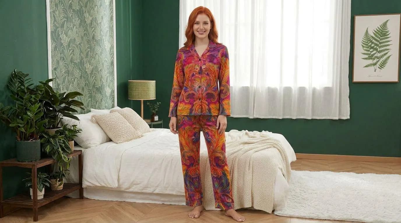V-Neck Women Night Wear Suit Magenta Orange Feather Carnavali - image 3