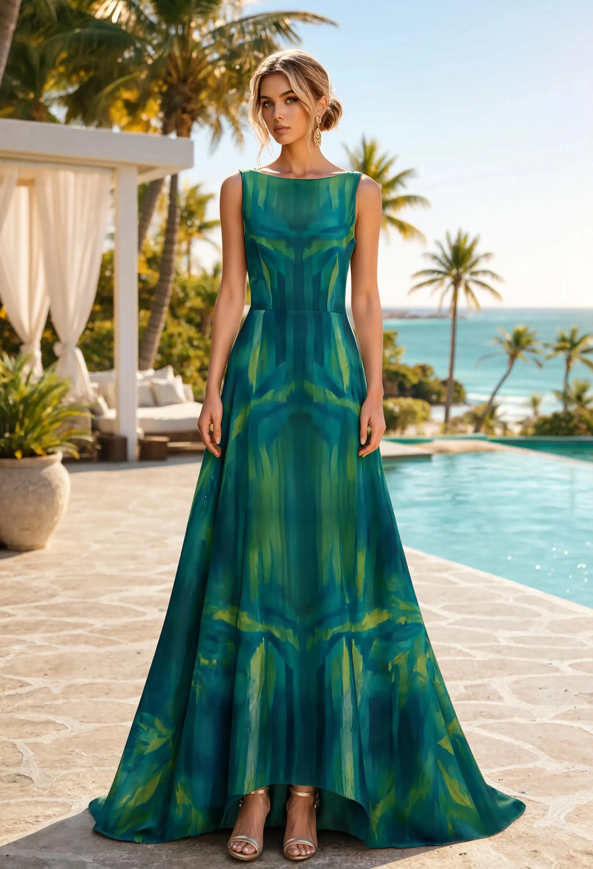 Women's Formal Satin Long Dress Formal Gown with Inner Liner Teal Watercolors - image 5