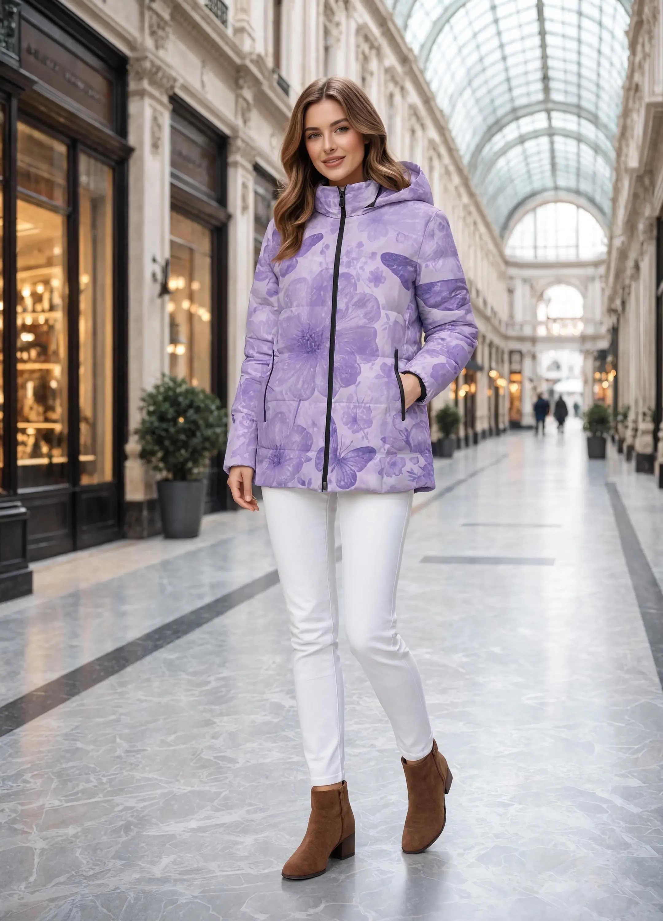 Winter Quilted Long-Sleeve Hooded Outerwear Butterfly Floral - image 4